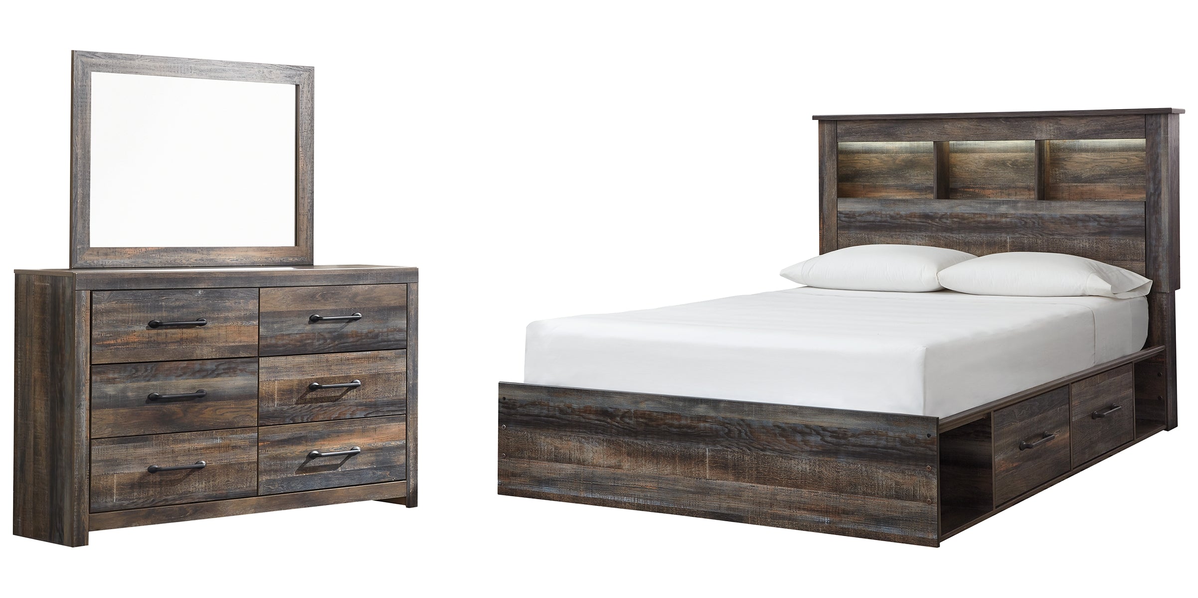 Drystan Queen Bookcase Bed with 2 Storage Drawers with Mirrored Dresser