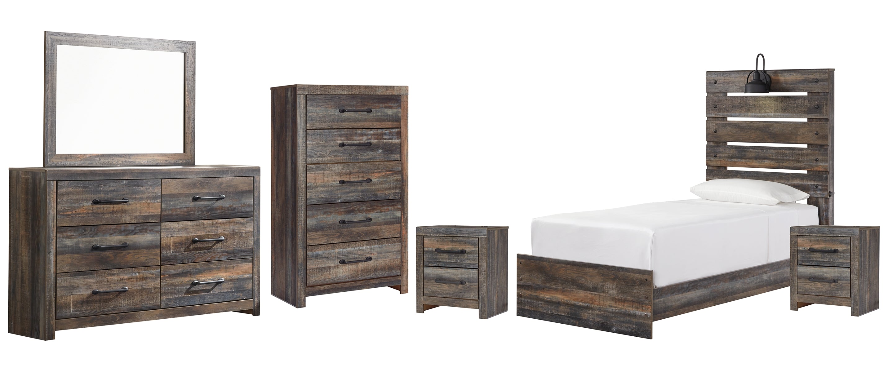 Drystan Twin Panel Bed with Mirrored Dresser, Chest and 2 Nightstands