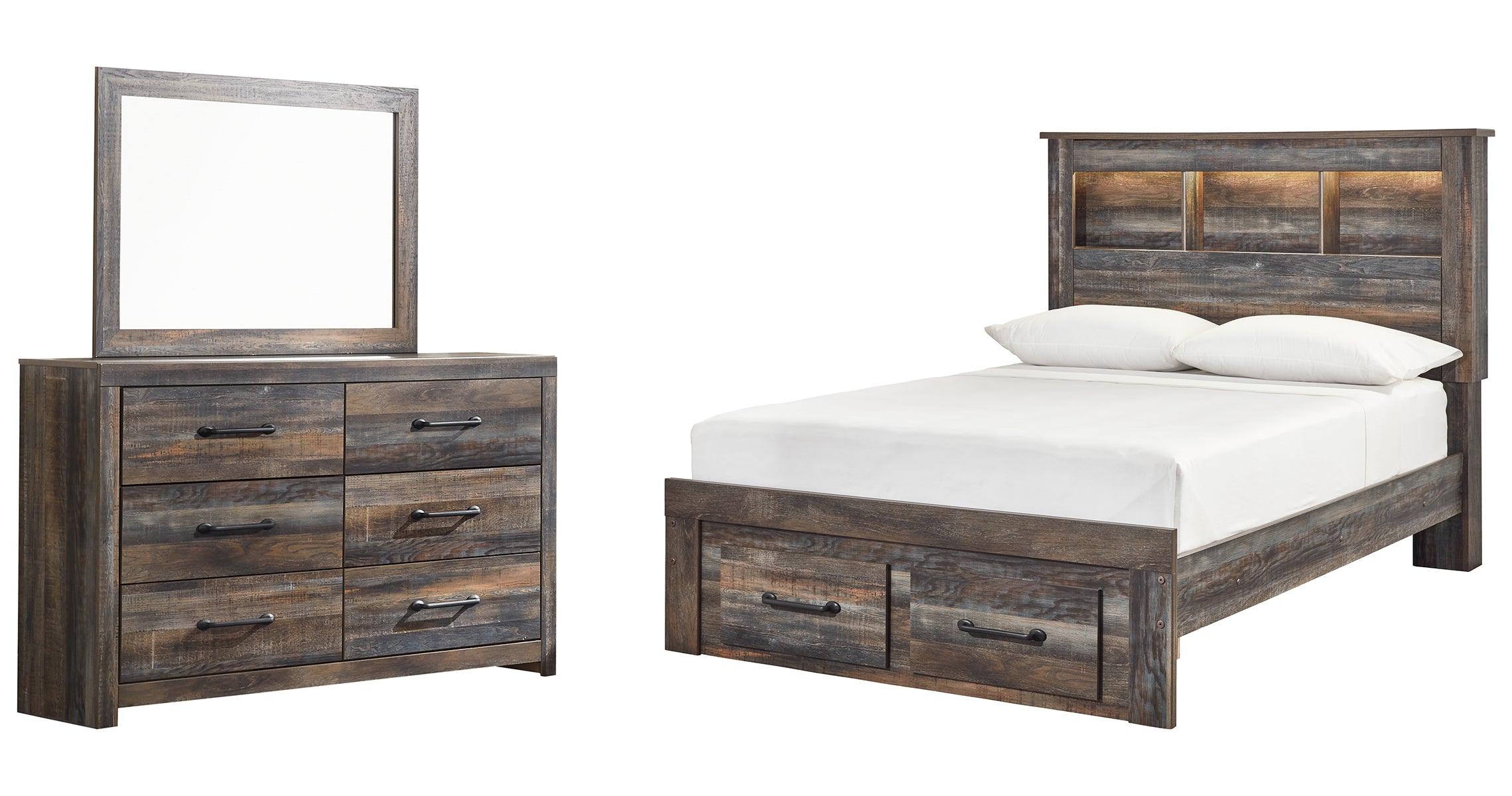 Drystan Full Bookcase Bed with 2 Storage Drawers with Mirrored Dresser