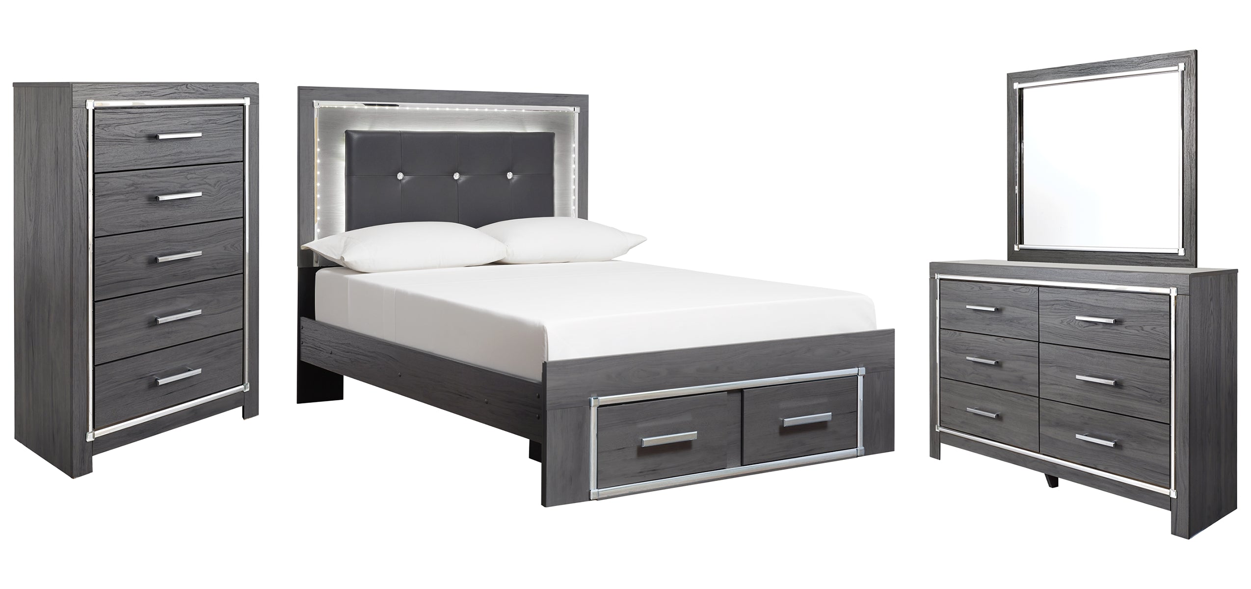 Lodanna Full Panel Bed with 2 Storage Drawers with Mirrored Dresser and Chest