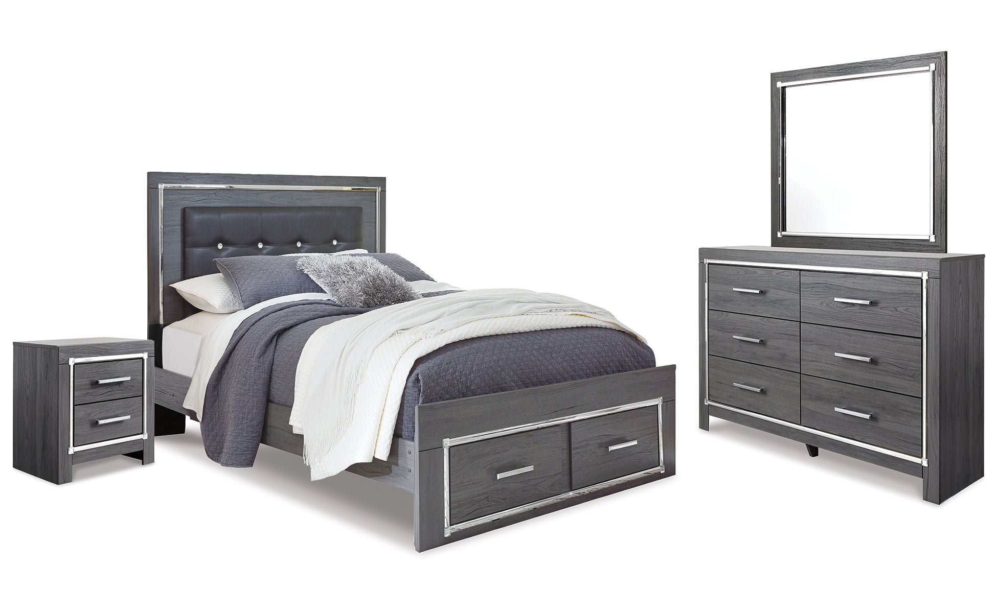 Lodanna Queen Panel Bed with 2 Storage Drawers with Mirrored Dresser and Nightstand