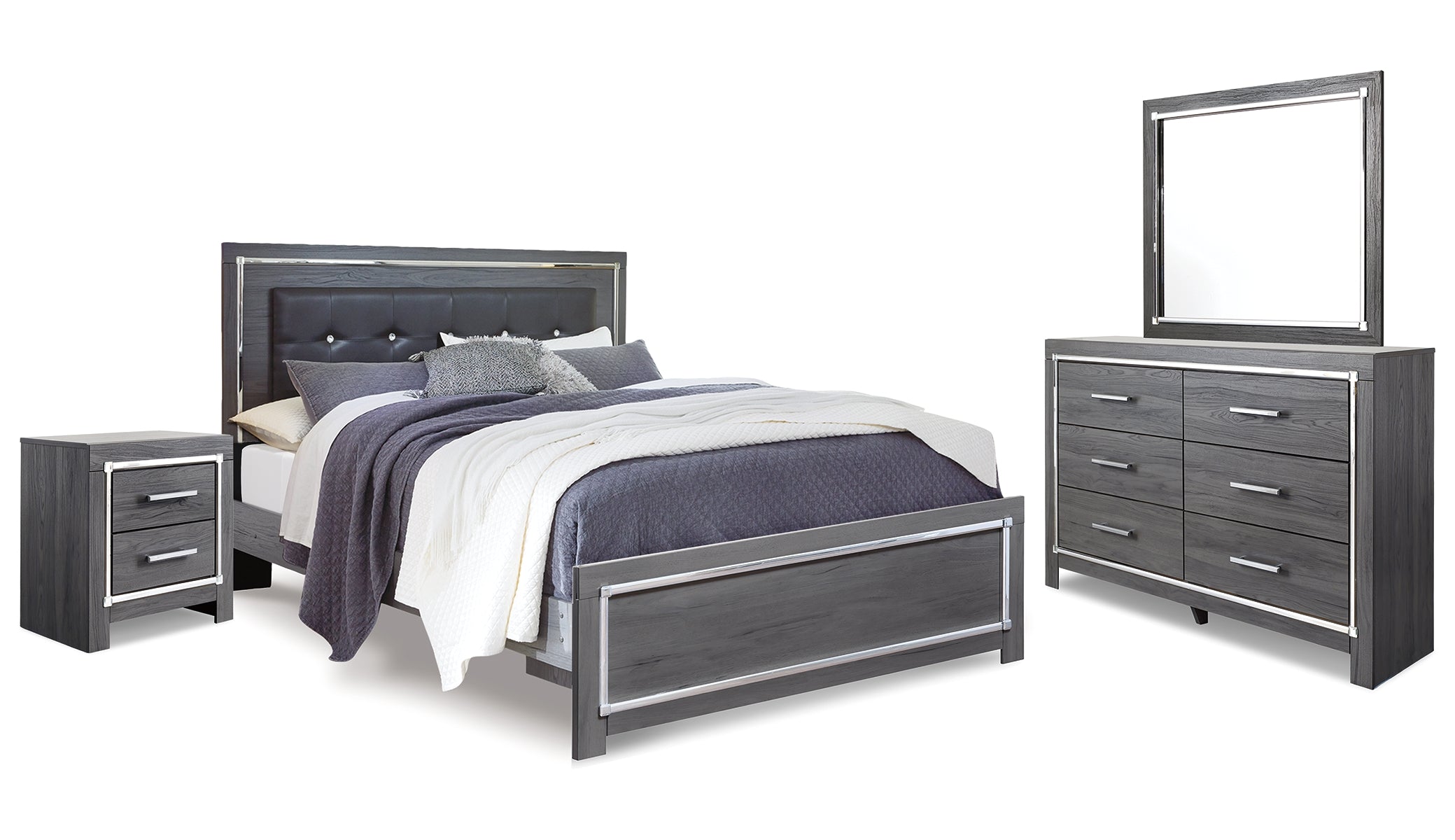 Lodanna King Panel Bed with Mirrored Dresser and Nightstand