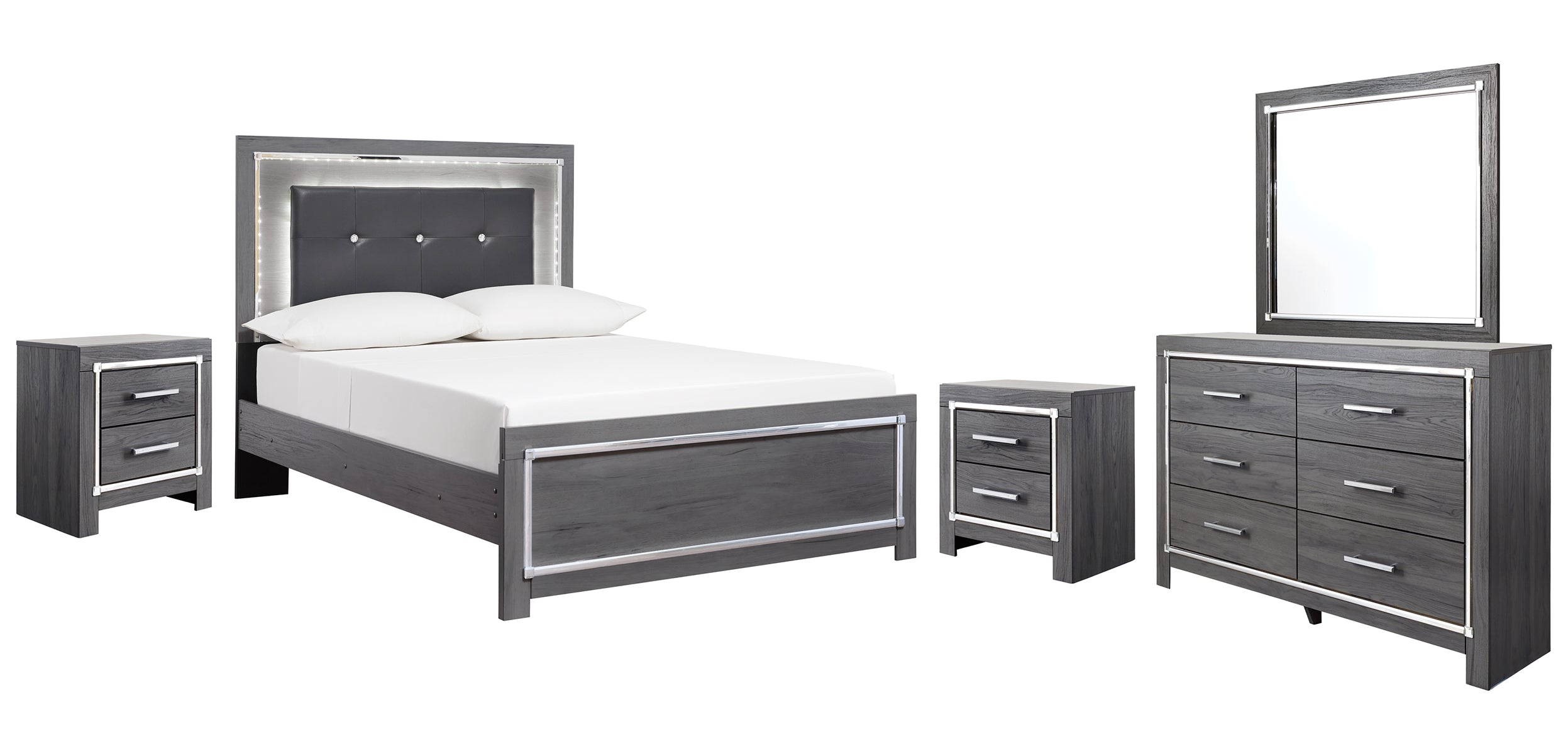 Lodanna Full Panel Bed with Mirrored Dresser and 2 Nightstands