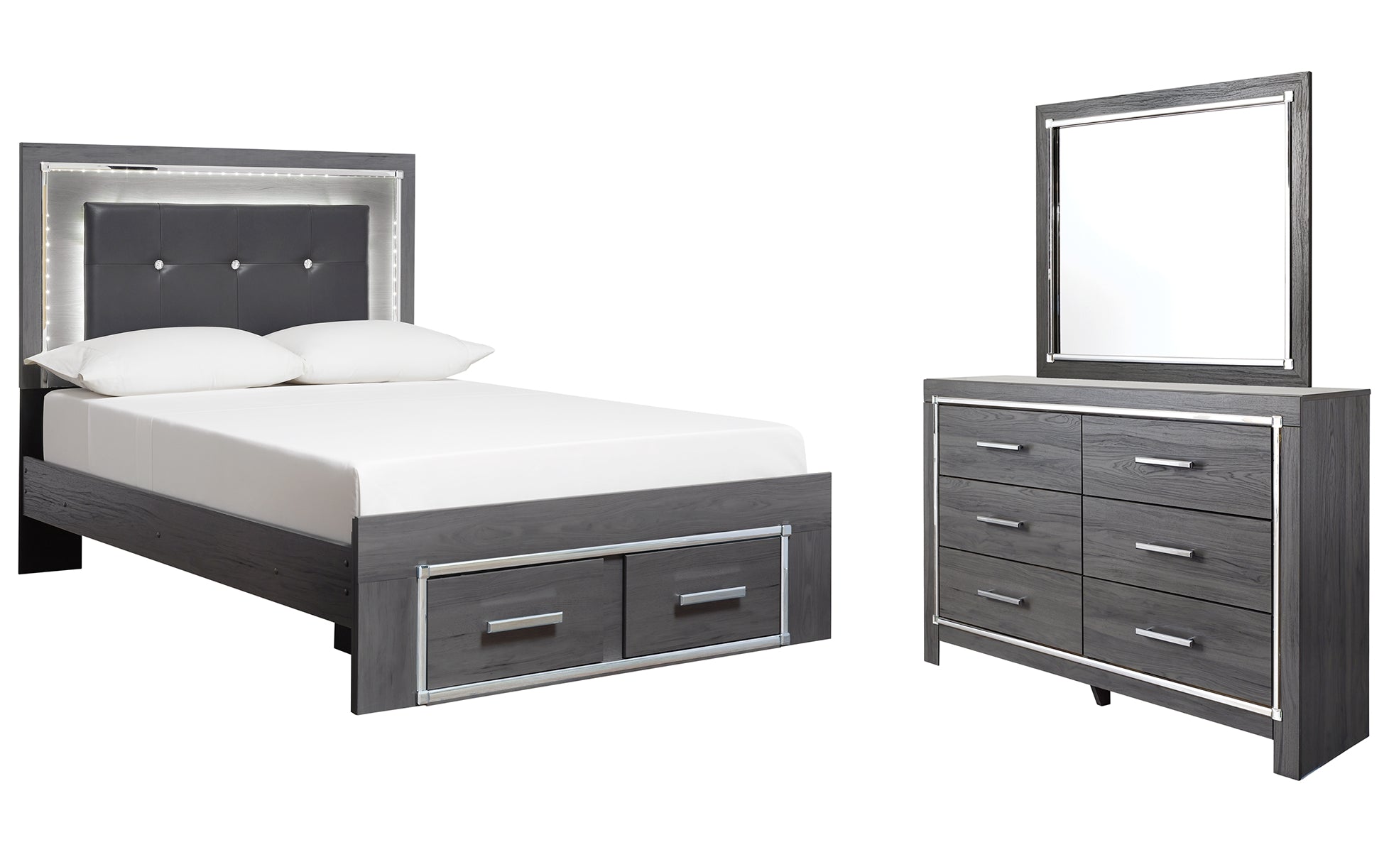 Lodanna Full Panel Bed with 2 Storage Drawers with Mirrored Dresser