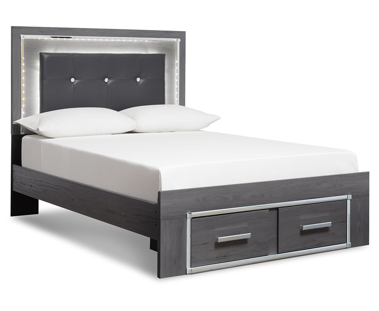 Lodanna King Panel Bed with 2 Storage Drawers with Mirrored Dresser, Chest and Nightstand