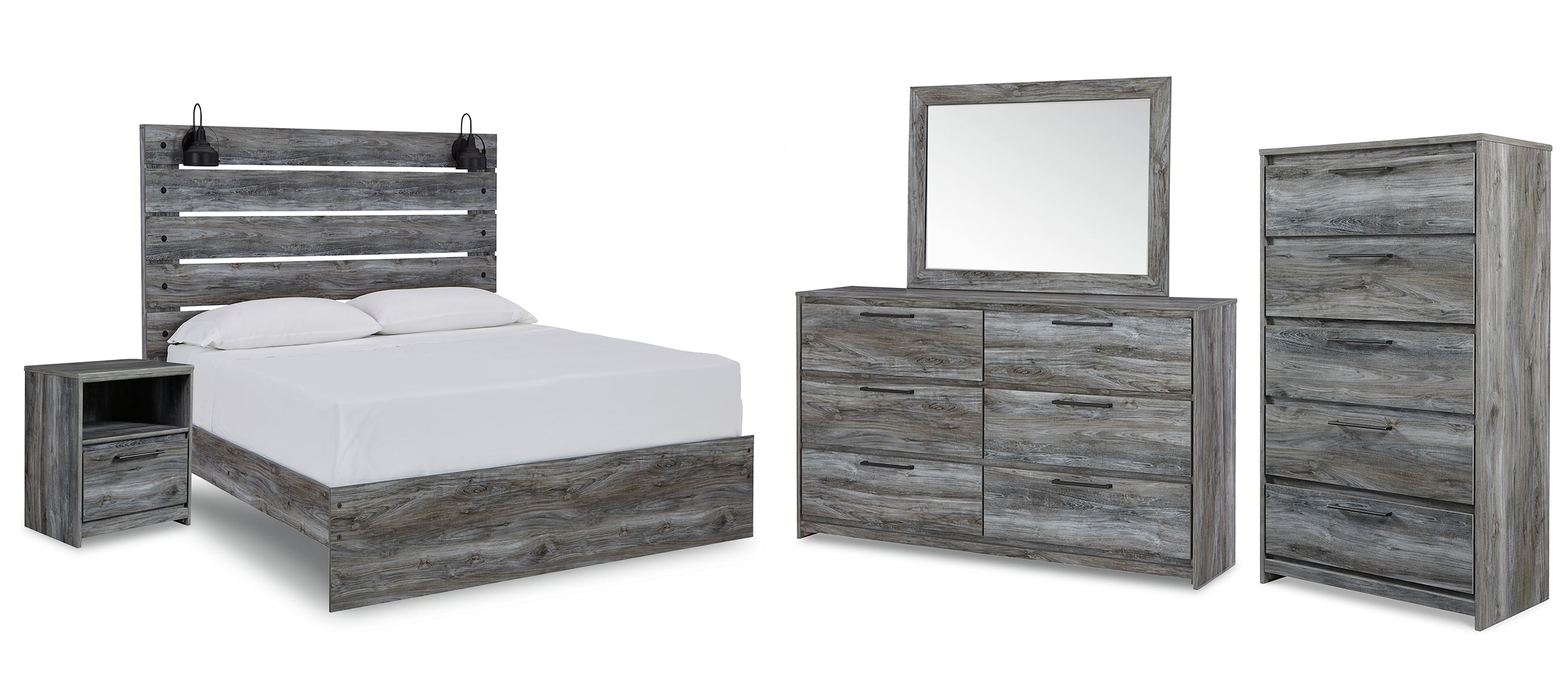 Baystorm Queen Panel Bed with Mirrored Dresser, Chest and Nightstand