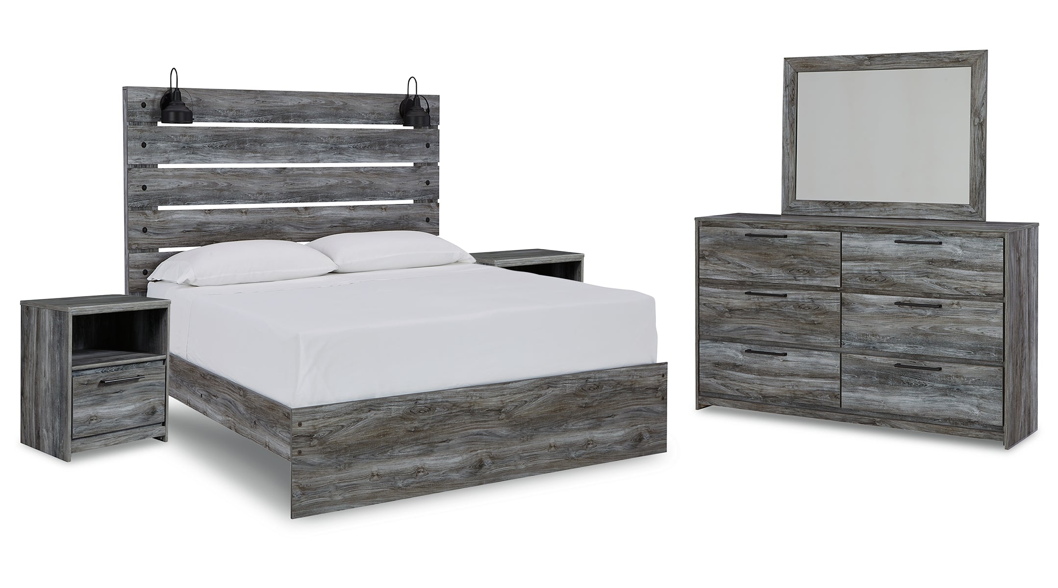 Baystorm Queen Panel Bed with Mirrored Dresser and 2 Nightstands