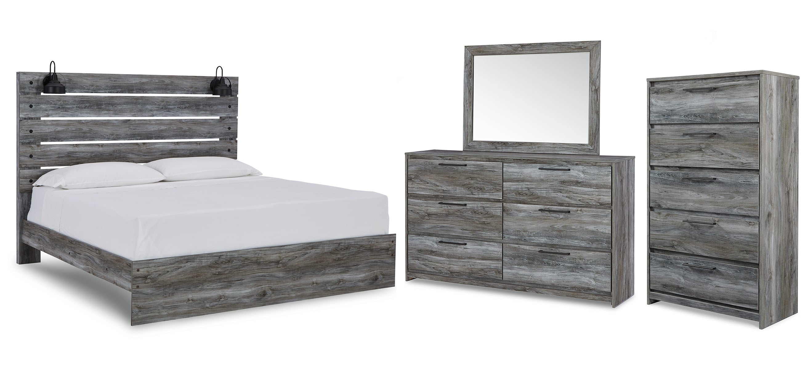 Baystorm King Panel Bed with Mirrored Dresser and Chest