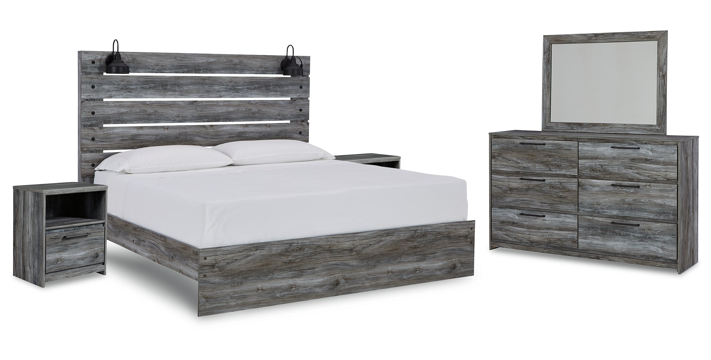 Baystorm King Panel Bed with Mirrored Dresser and 2 Nightstands