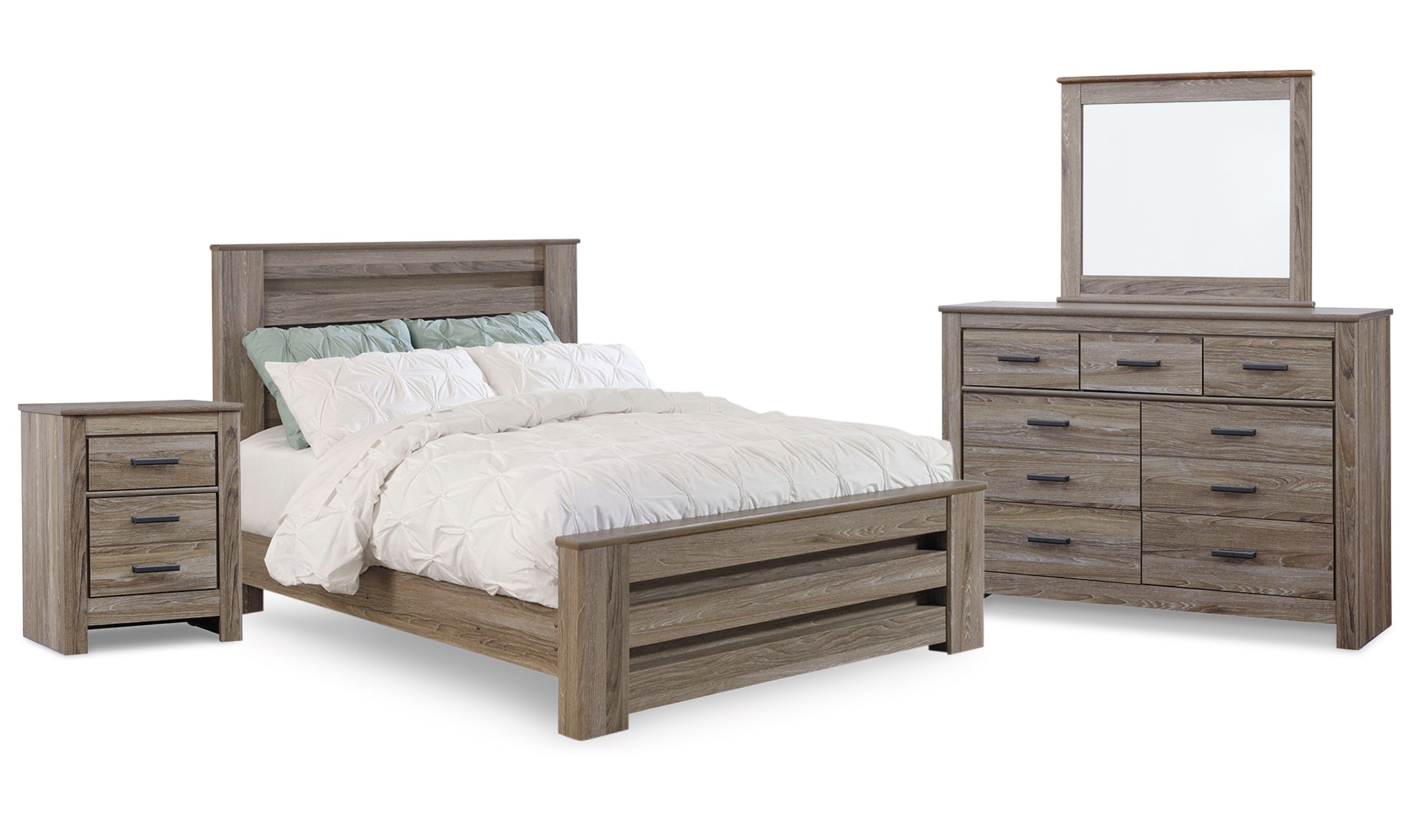 Zelen Queen Panel Bed with Mirrored Dresser and Nightstand
