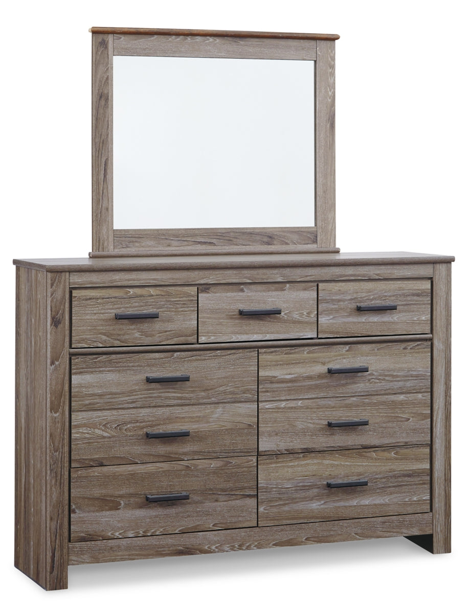 Zelen King Panel Bed with Mirrored Dresser and 2 Nightstands