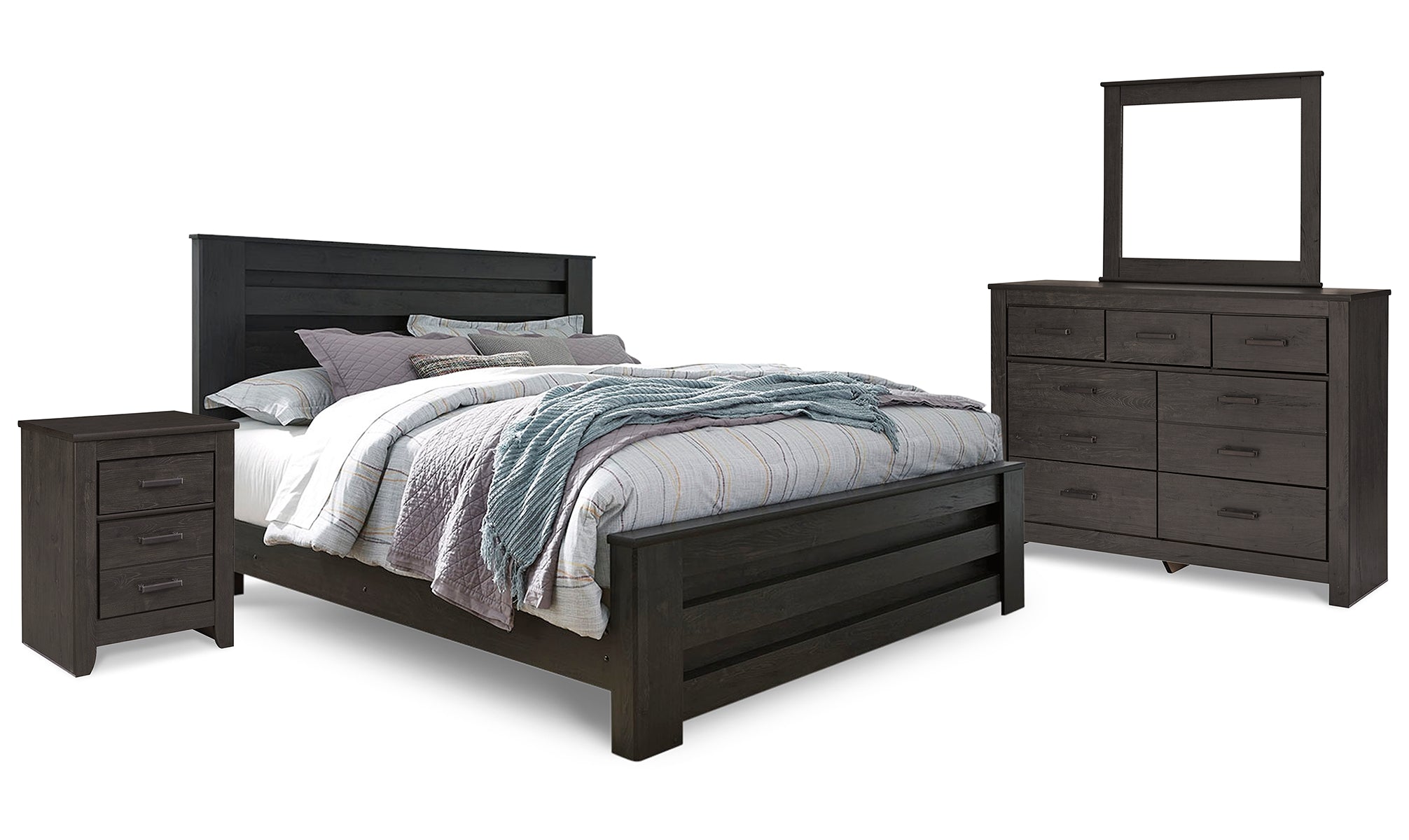 Brinxton King Panel Bed with Mirrored Dresser and Nightstand