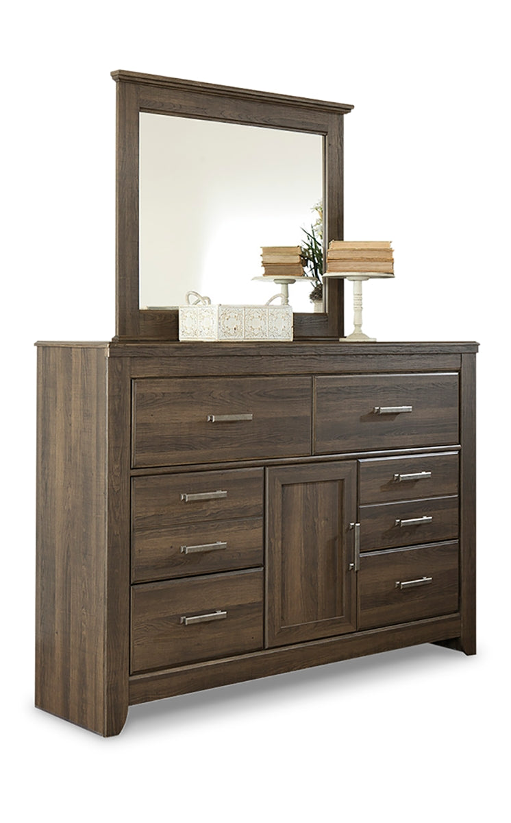 Juararo King Poster Bed with Mirrored Dresser and Nightstand