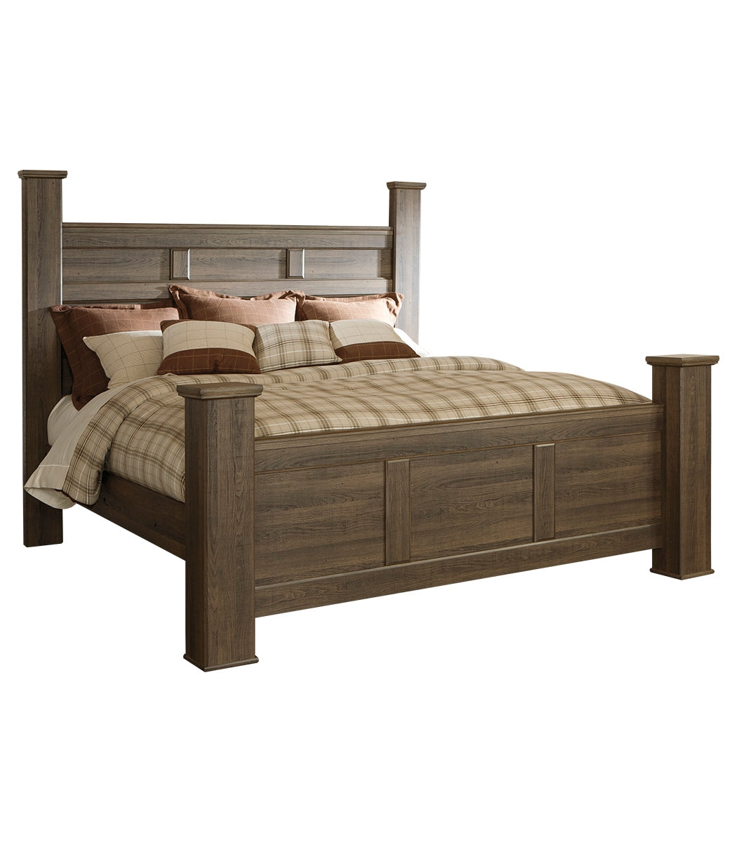 Juararo California King Poster Bed with Mirrored Dresser, Chest and Nightstand