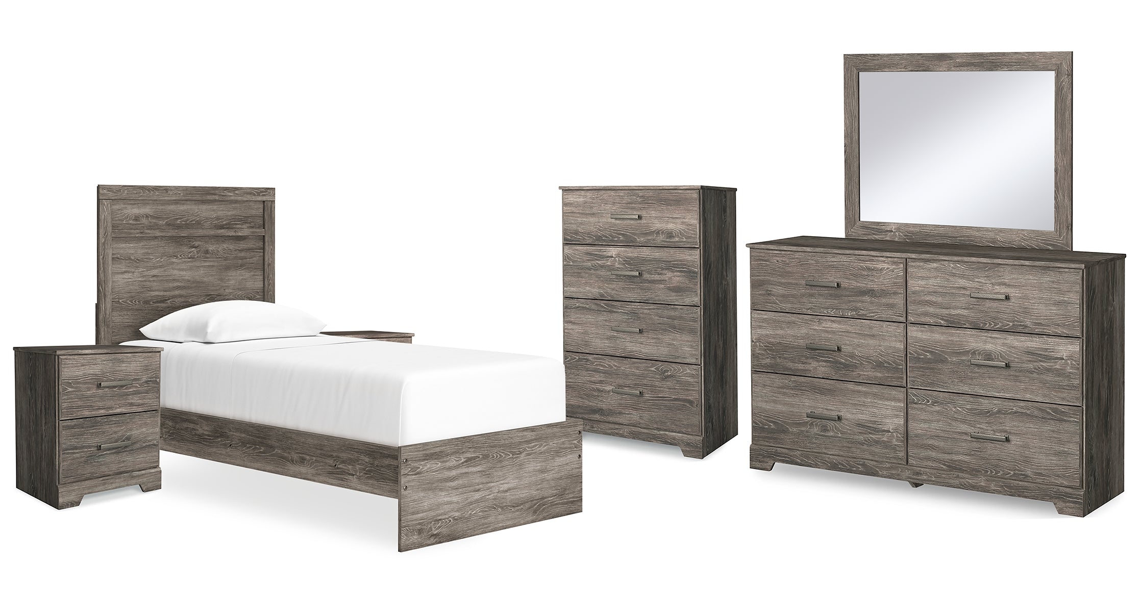 Ralinksi Twin Panel Bed with Mirrored Dresser, Chest and 2 Nightstands