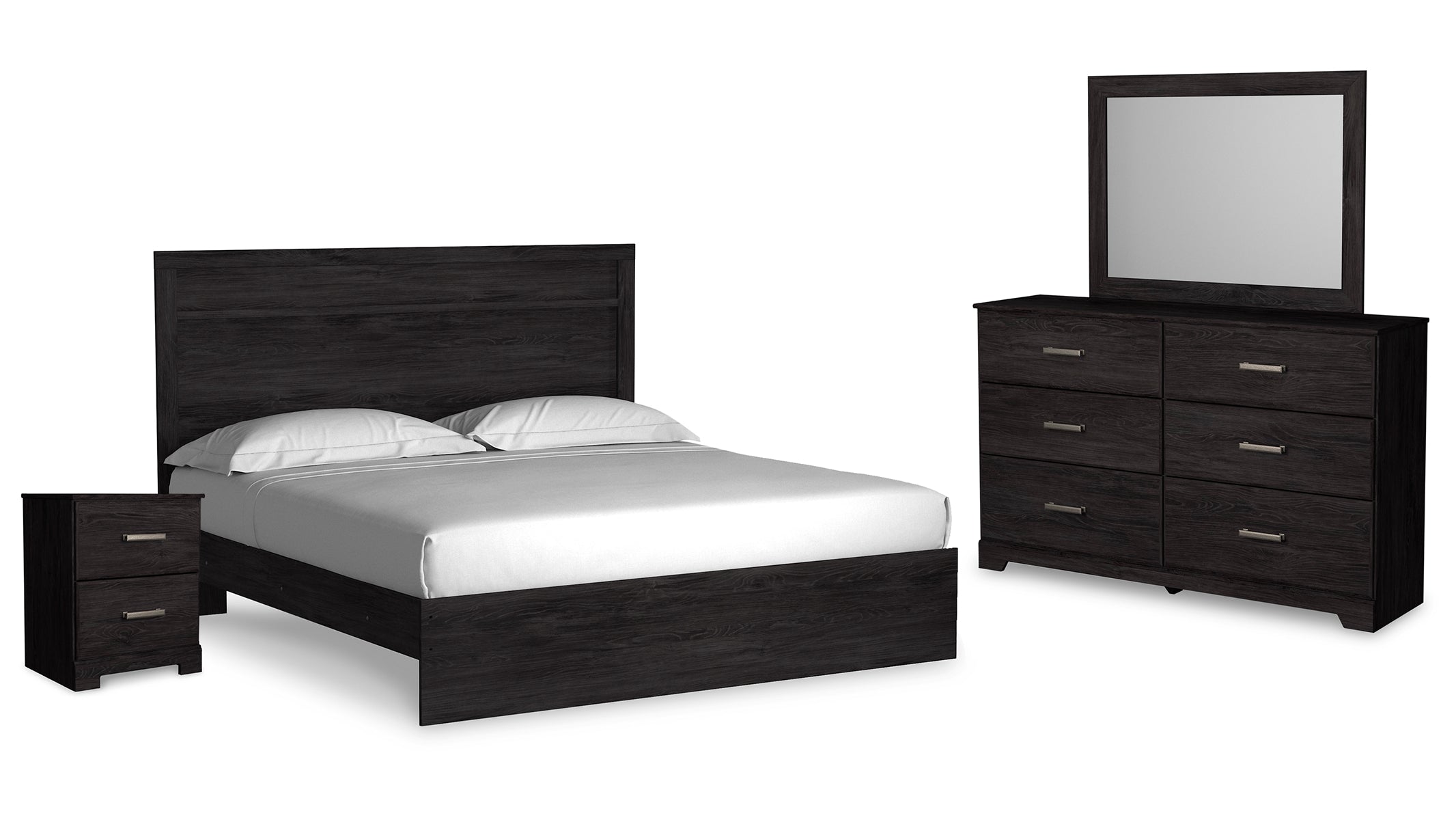 Belachime King Panel Bed with Mirrored Dresser and Nightstand