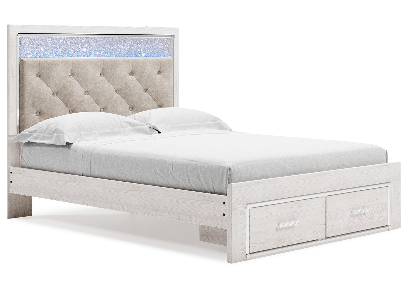 Altyra Queen Upholstered Storage Bed with Mirrored Dresser and Nightstand