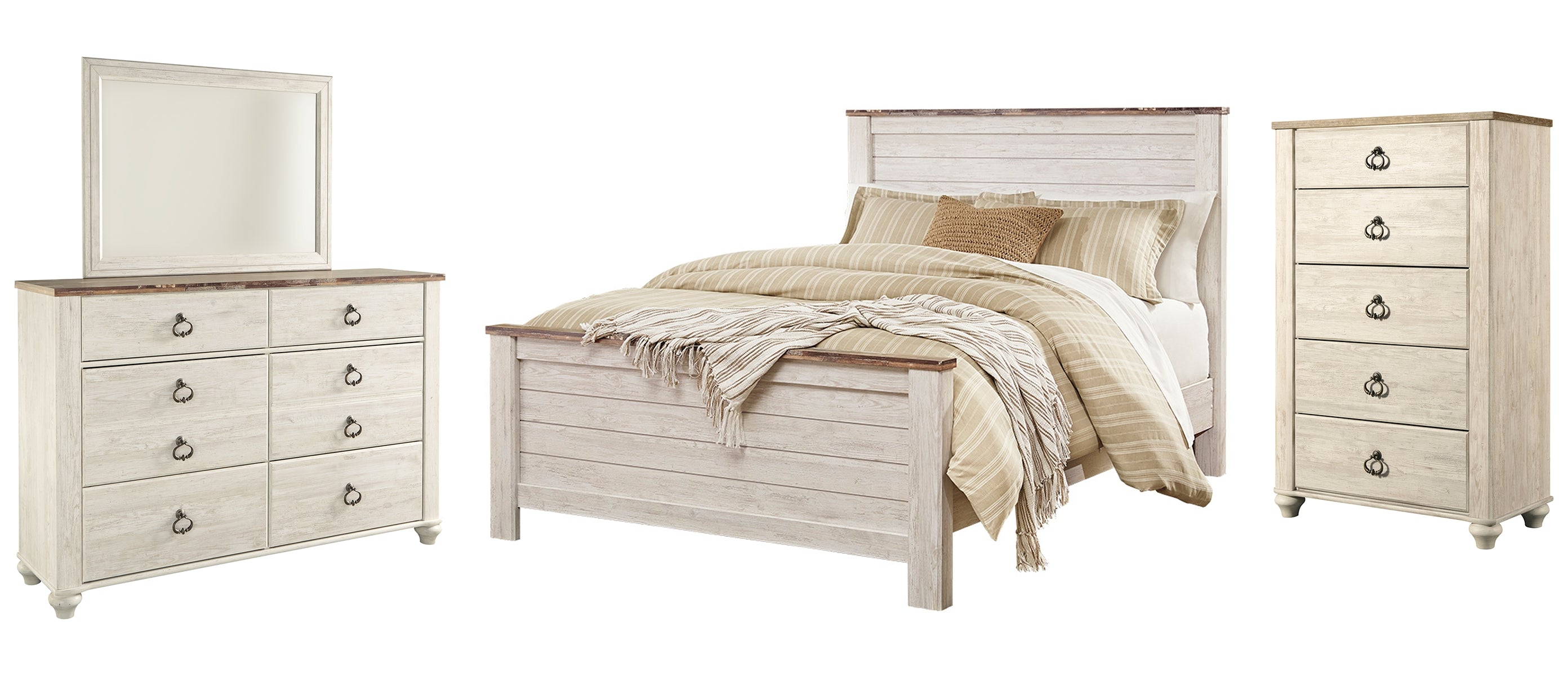 Willowton Queen Panel Bed with Mirrored Dresser and Chest