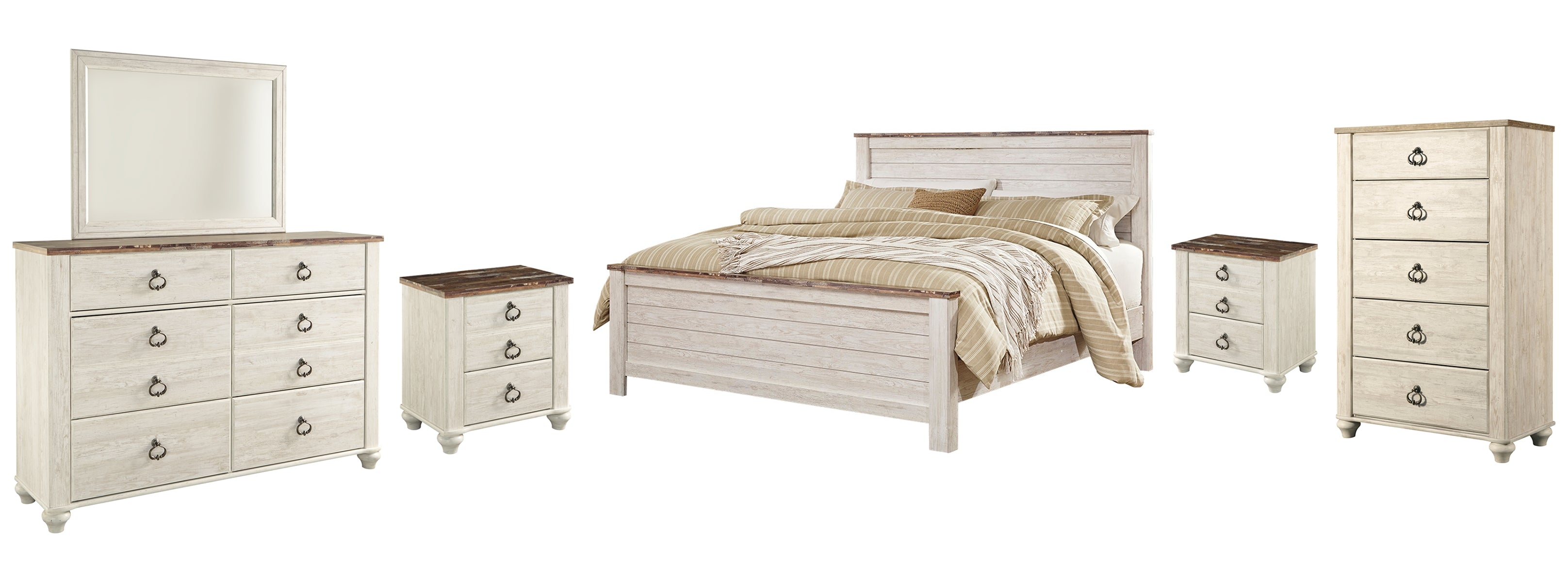 Willowton California King Panel Bed with Mirrored Dresser, Chest and 2 Nightstands