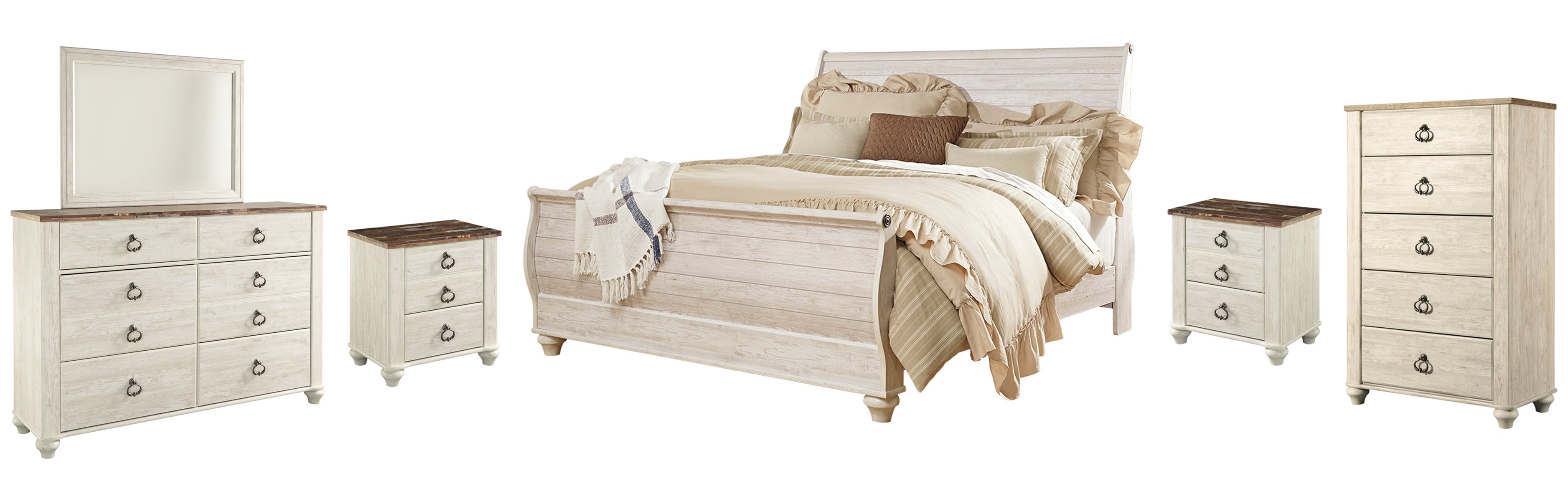Willowton King Sleigh Bed with Mirrored Dresser, Chest and 2 Nightstands