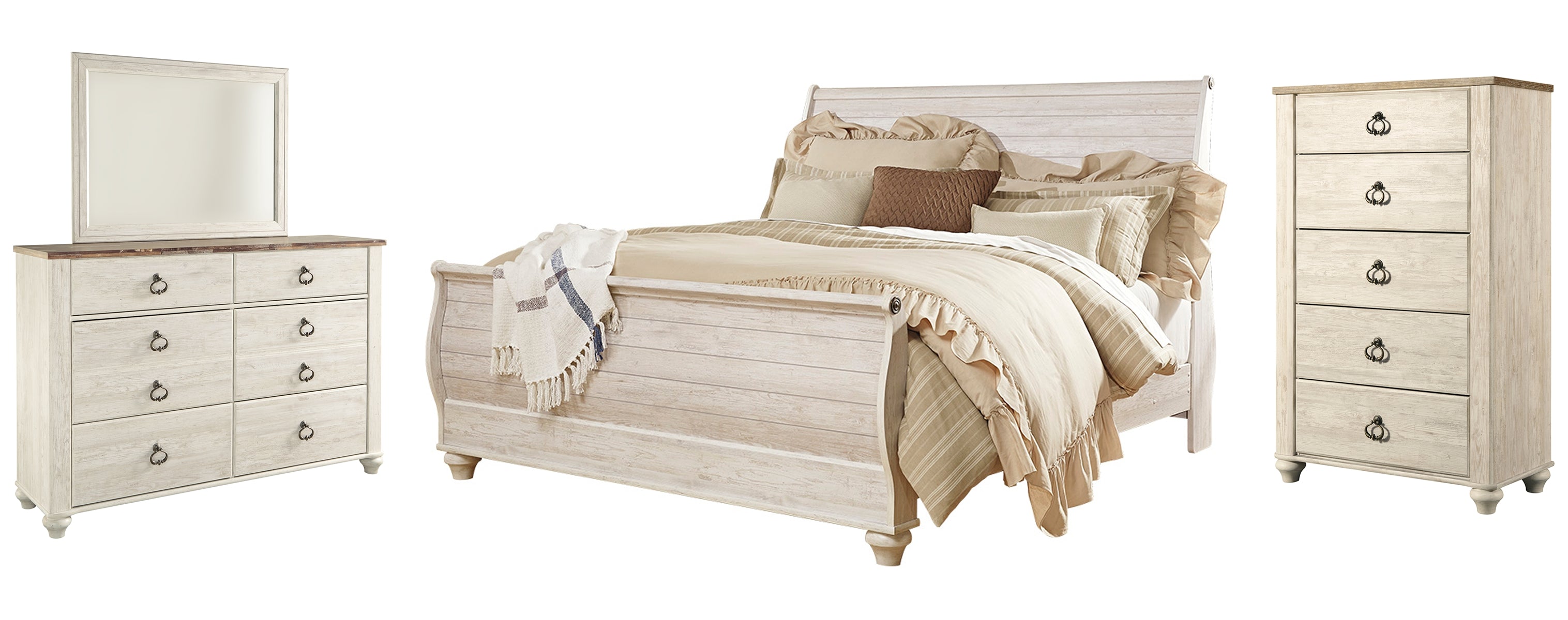 Willowton King Sleigh Bed with Mirrored Dresser and Chest