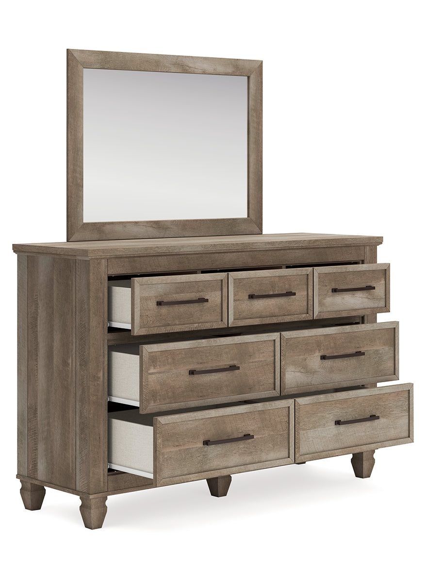 Yarbeck King Panel Bed with Mirrored Dresser and Nightstand