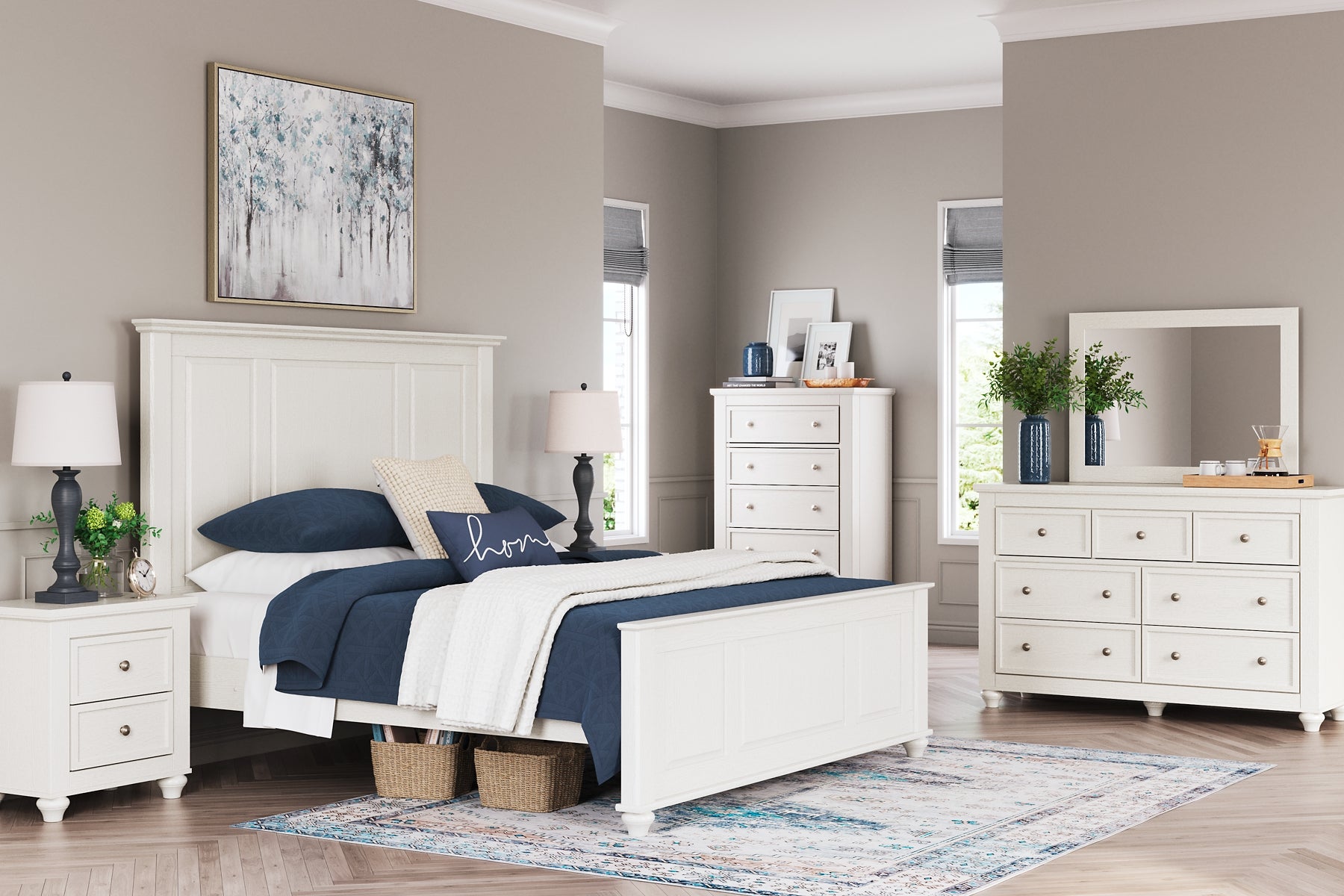 Grantoni Queen Panel Bed with Mirrored Dresser, Chest and Nightstand