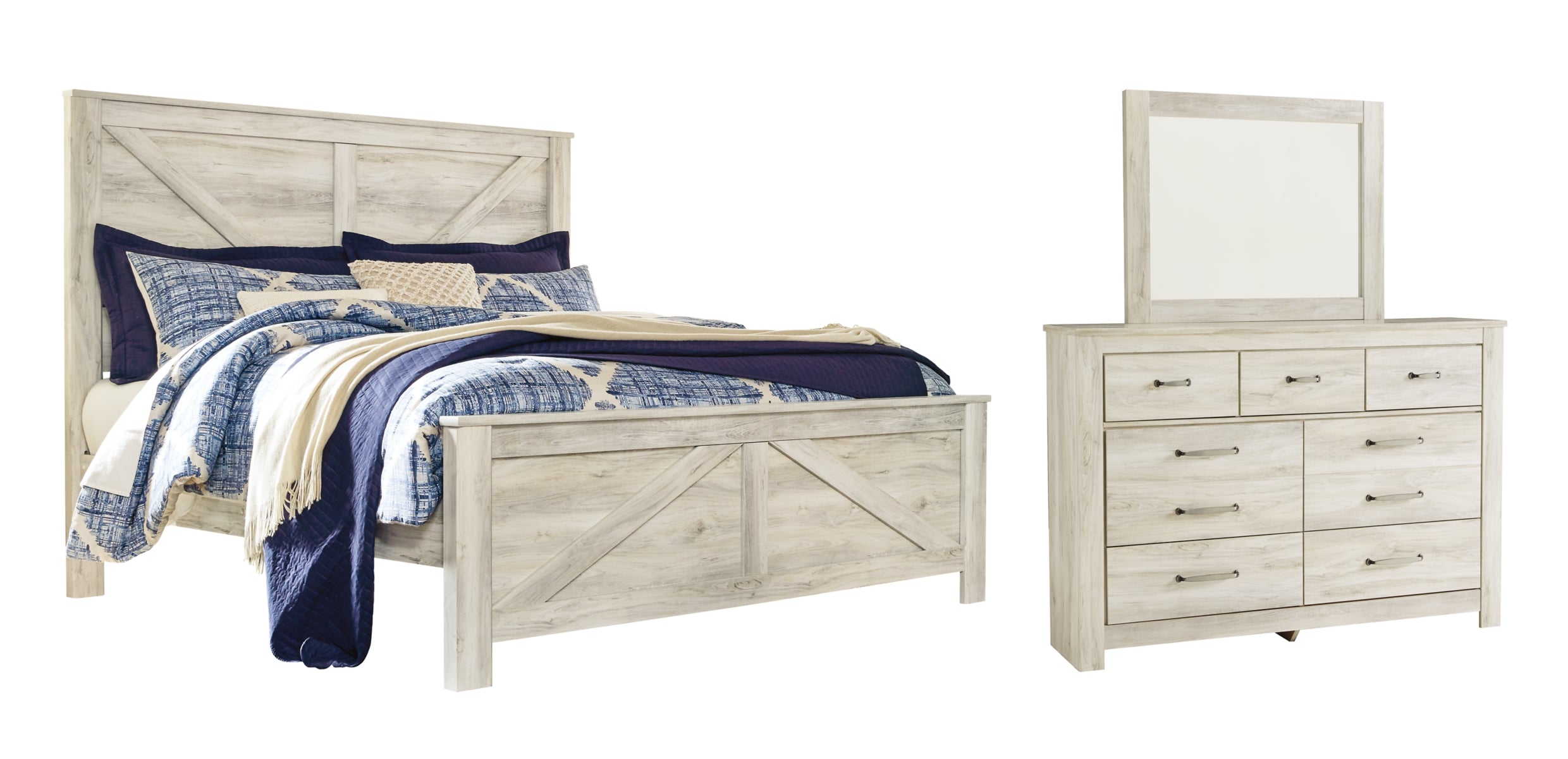 Bellaby King Crossbuck Panel Bed with Mirrored Dresser