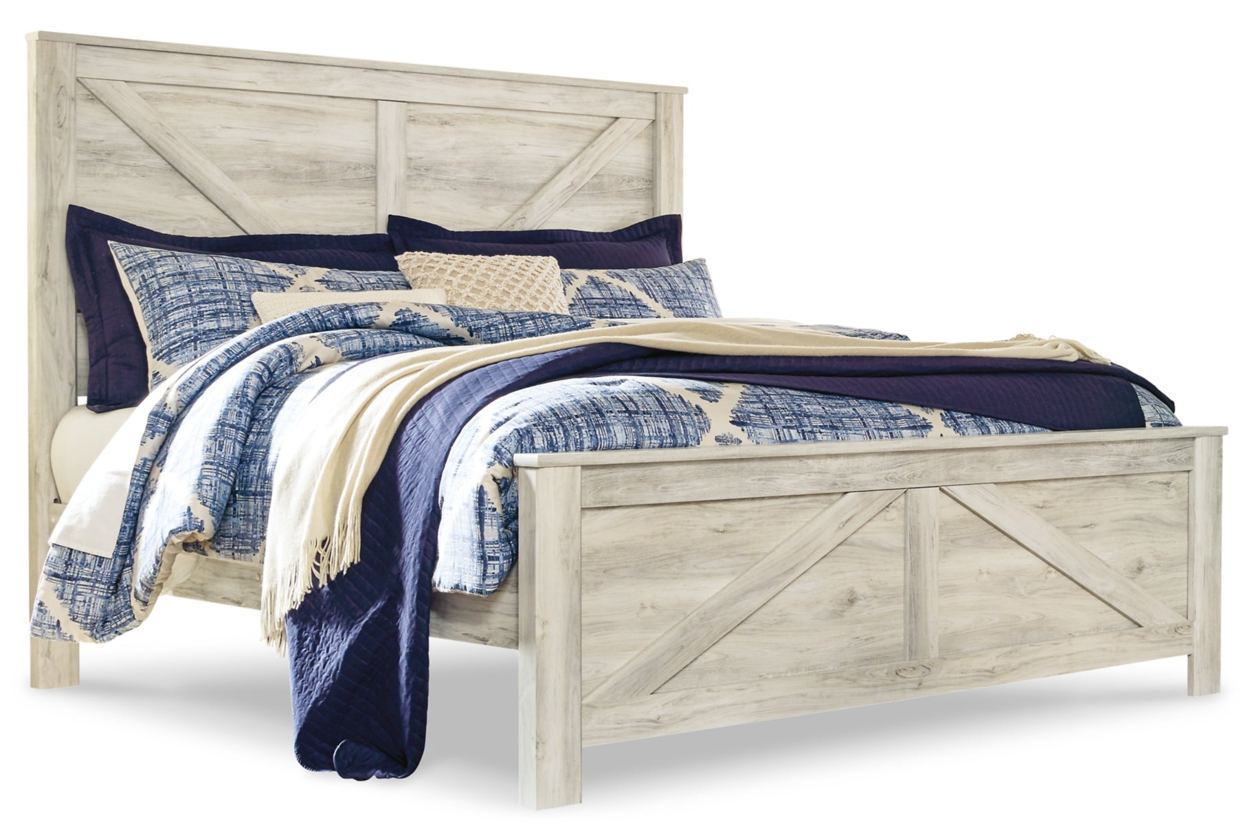 Bellaby King Crossbuck Panel Bed with Mirrored Dresser, Chest and 2 Nightstands