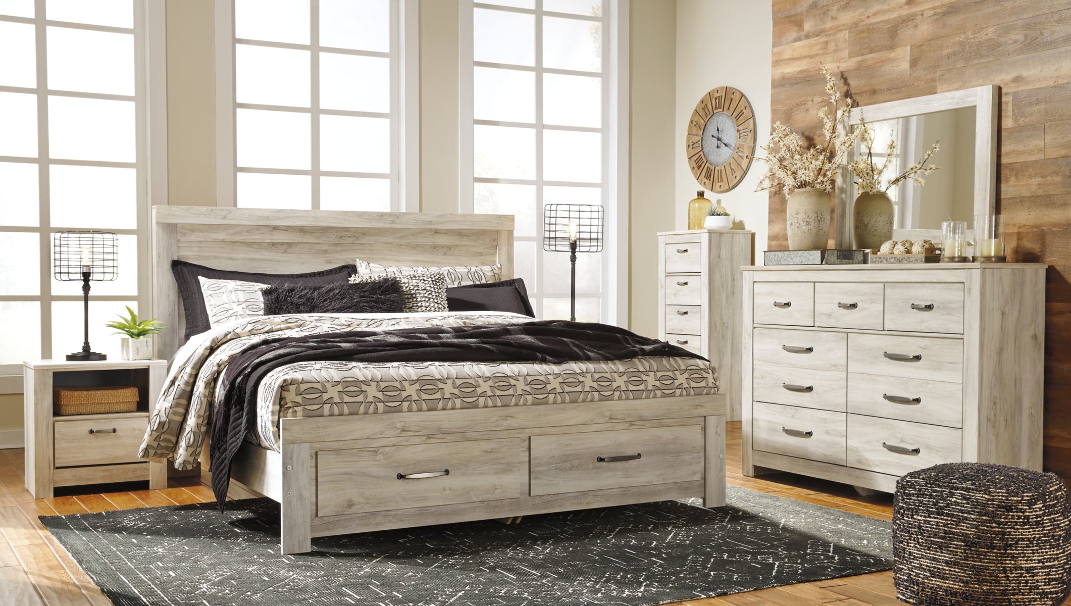 Bellaby King Platform Bed with 2 Storage Drawers with Mirrored Dresser, Chest and Nightstand