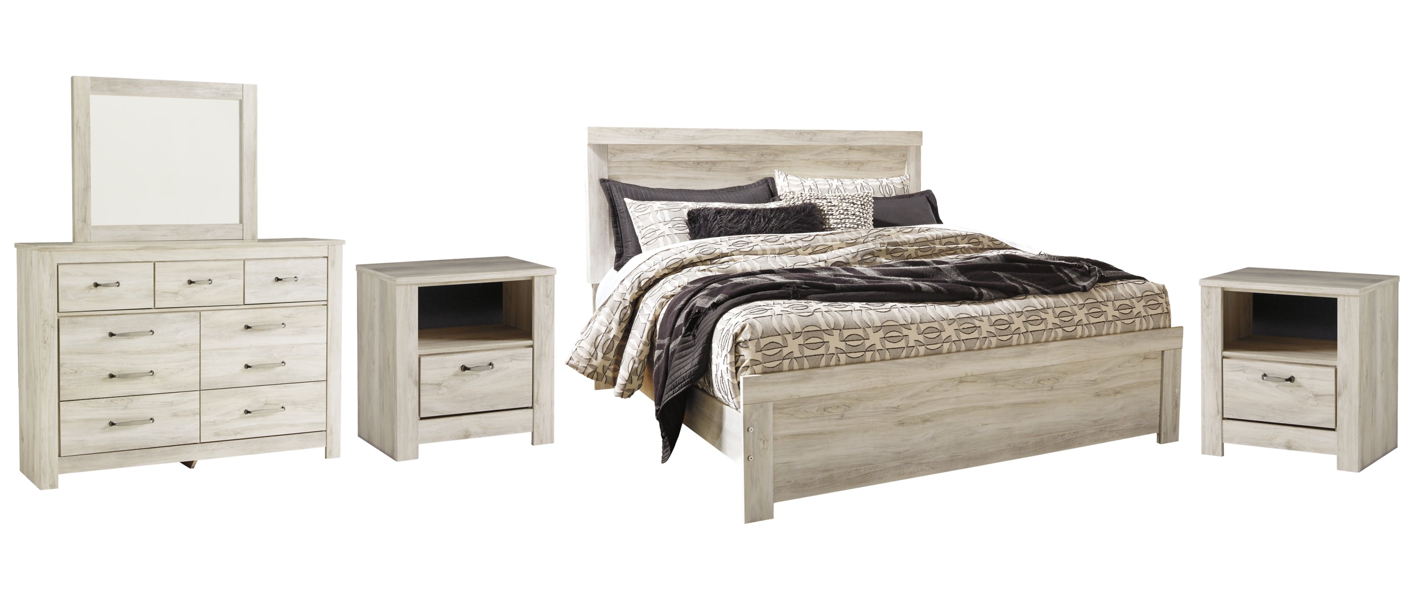 Bellaby King Panel Bed with Mirrored Dresser and 2 Nightstands
