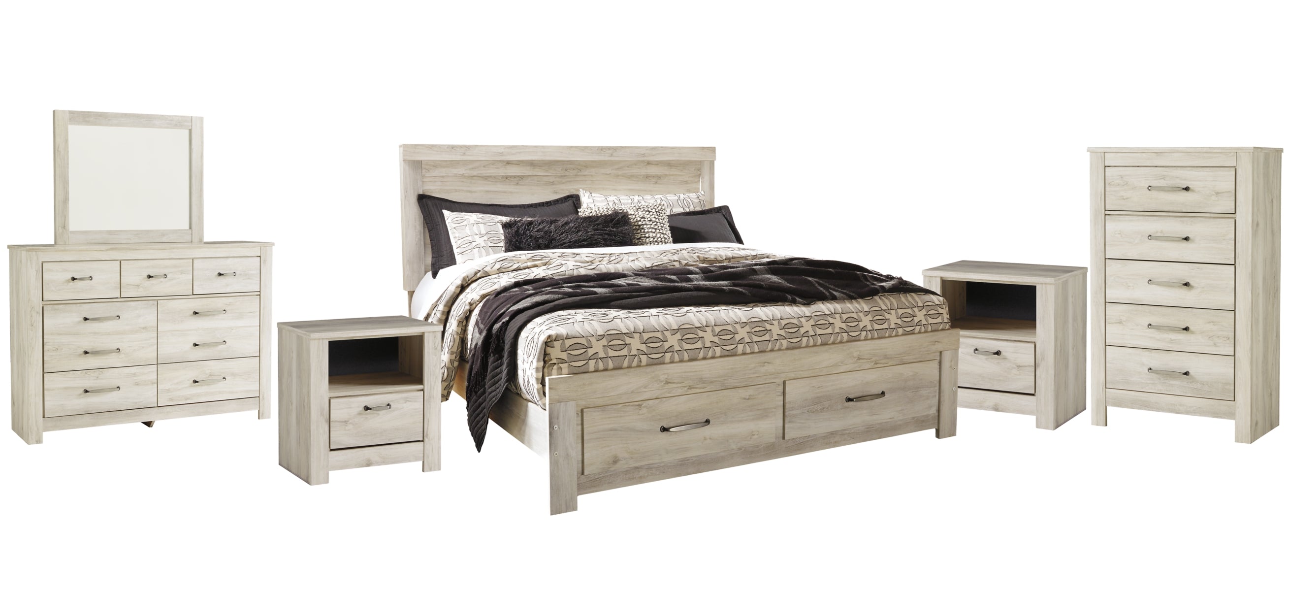 Bellaby King Platform Bed with 2 Storage Drawers with Mirrored Dresser, Chest and 2 Nightstands