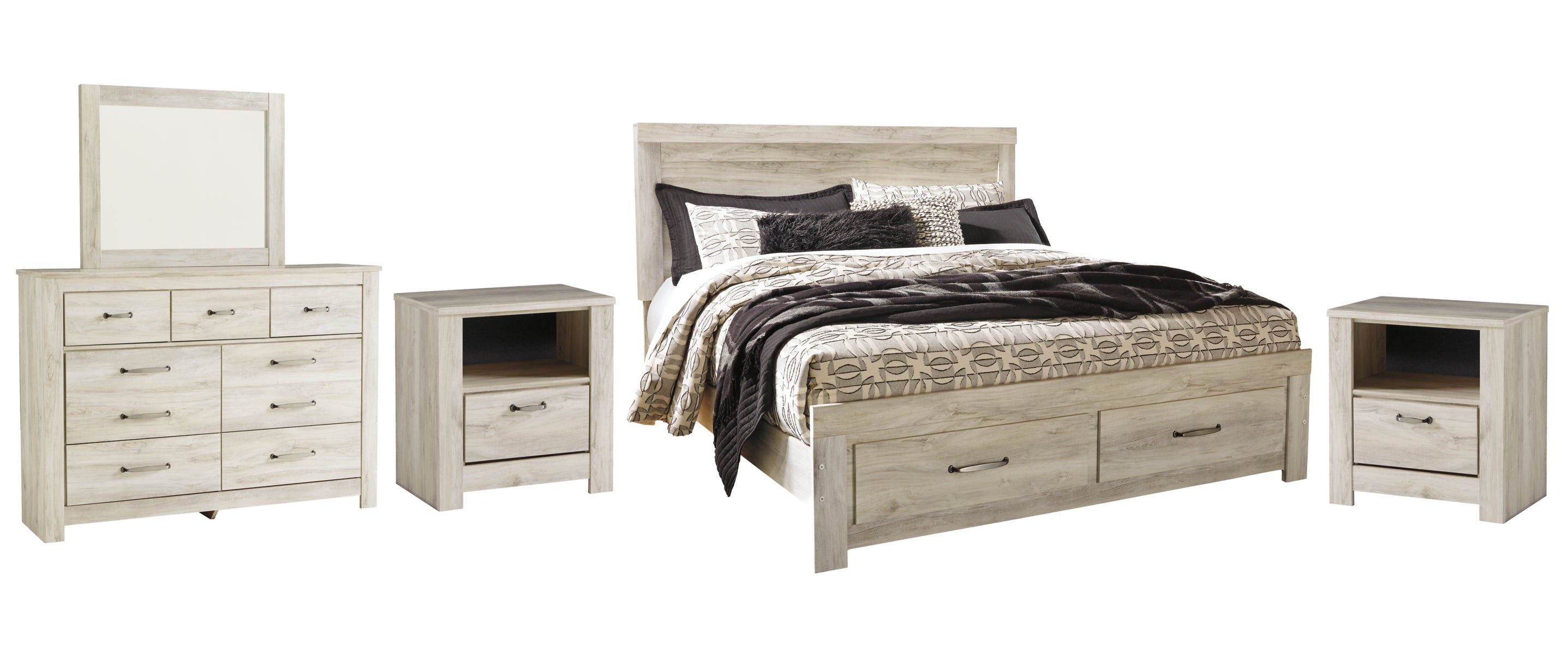 Bellaby King Platform Bed with 2 Storage Drawers with Mirrored Dresser and 2 Nightstands