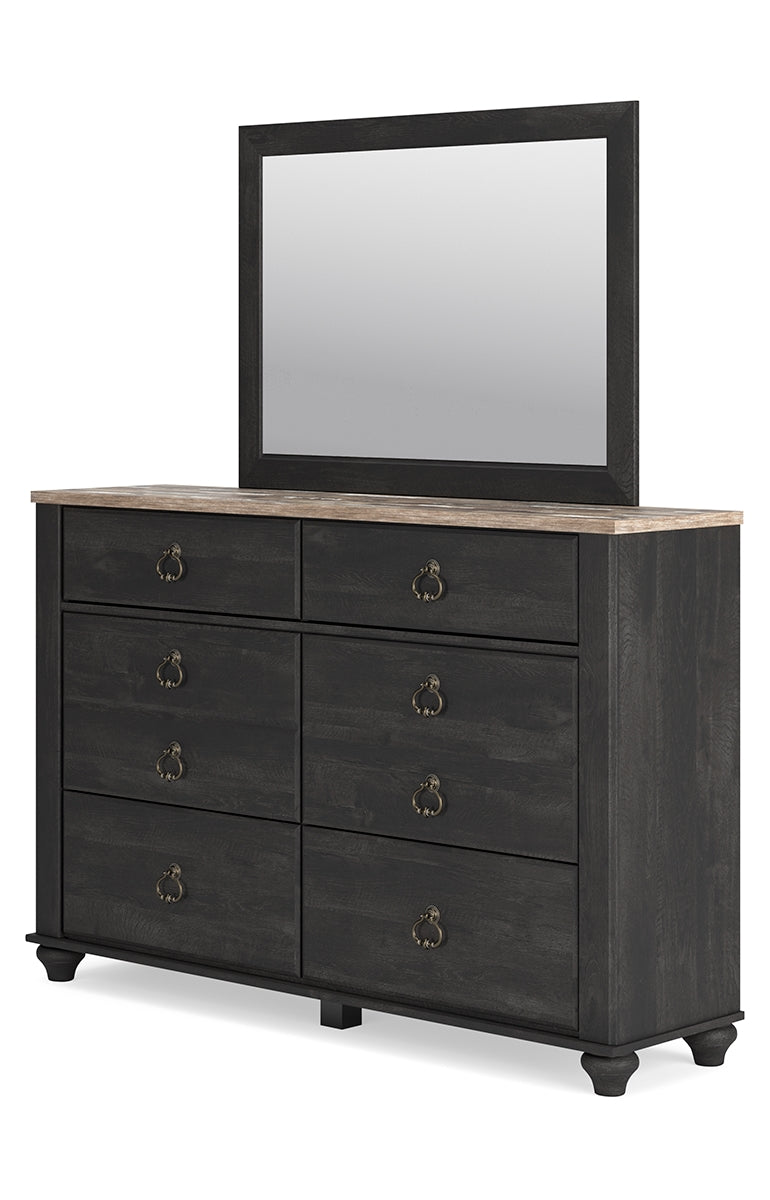 Nanforth Queen Panel Bed with Mirrored Dresser and Nightstand