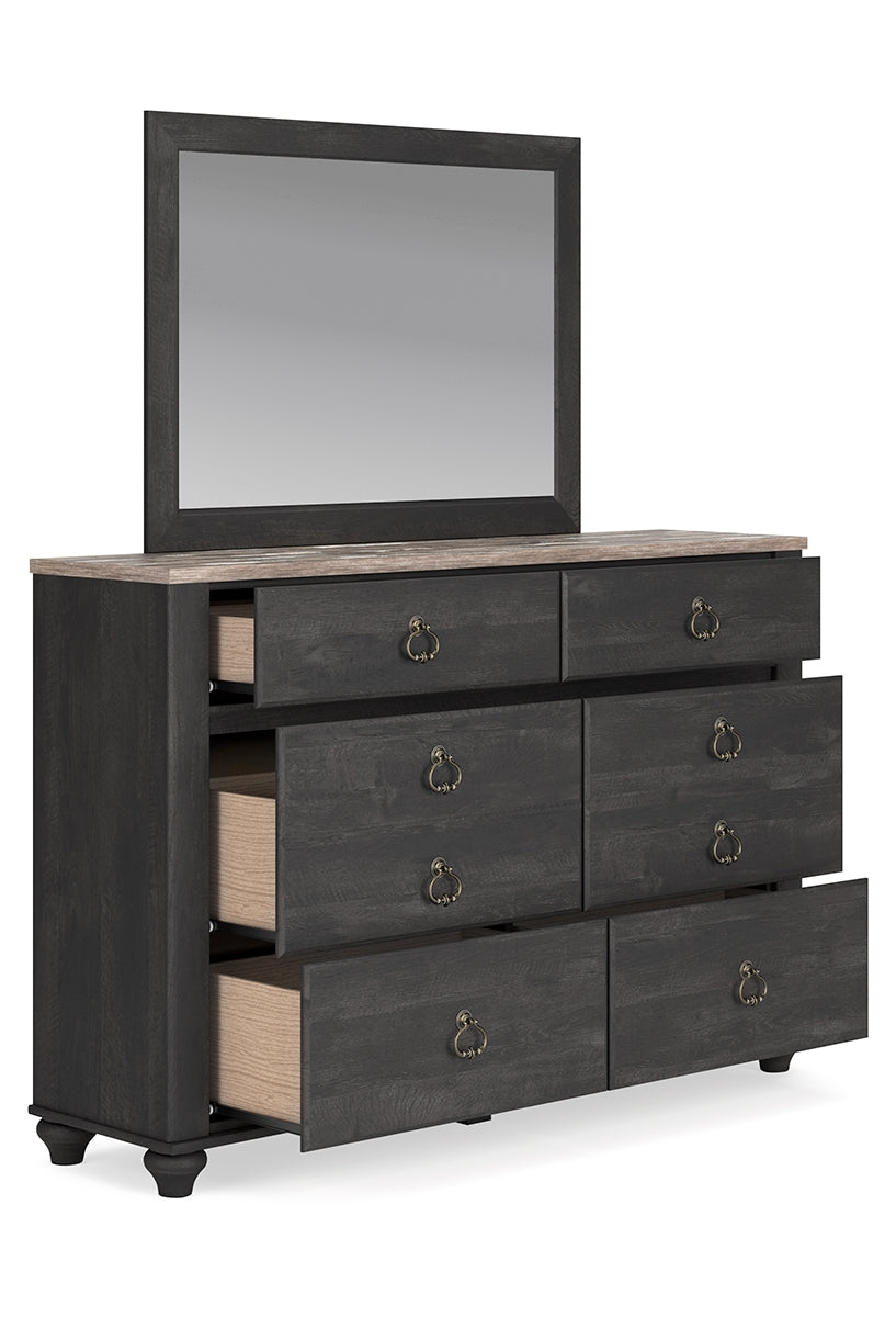 Nanforth Queen Panel Bed with Mirrored Dresser and Chest
