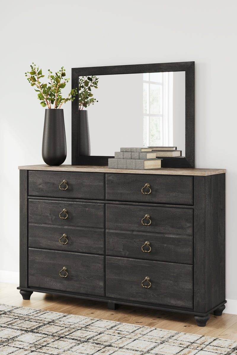 Nanforth King Panel Bed with Mirrored Dresser, Chest and 2 Nightstands