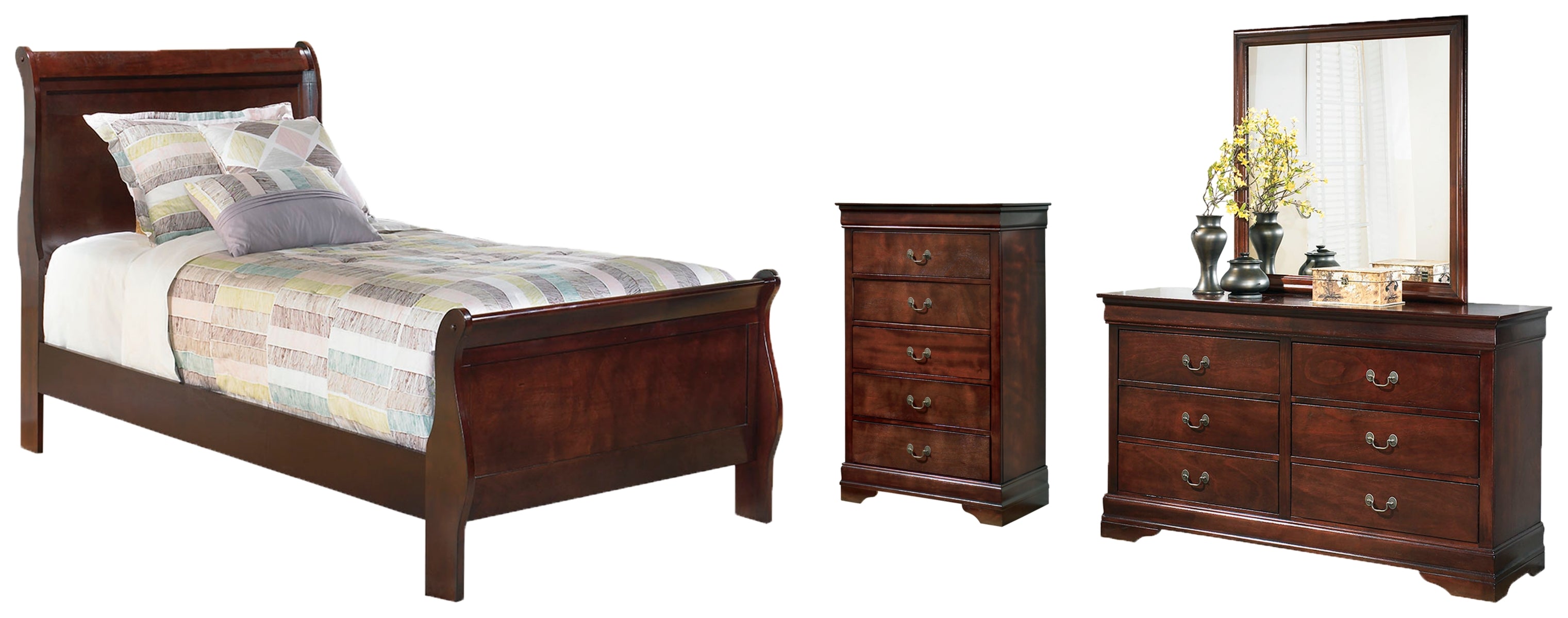 Alisdair Twin Sleigh Bed with Mirrored Dresser and Chest
