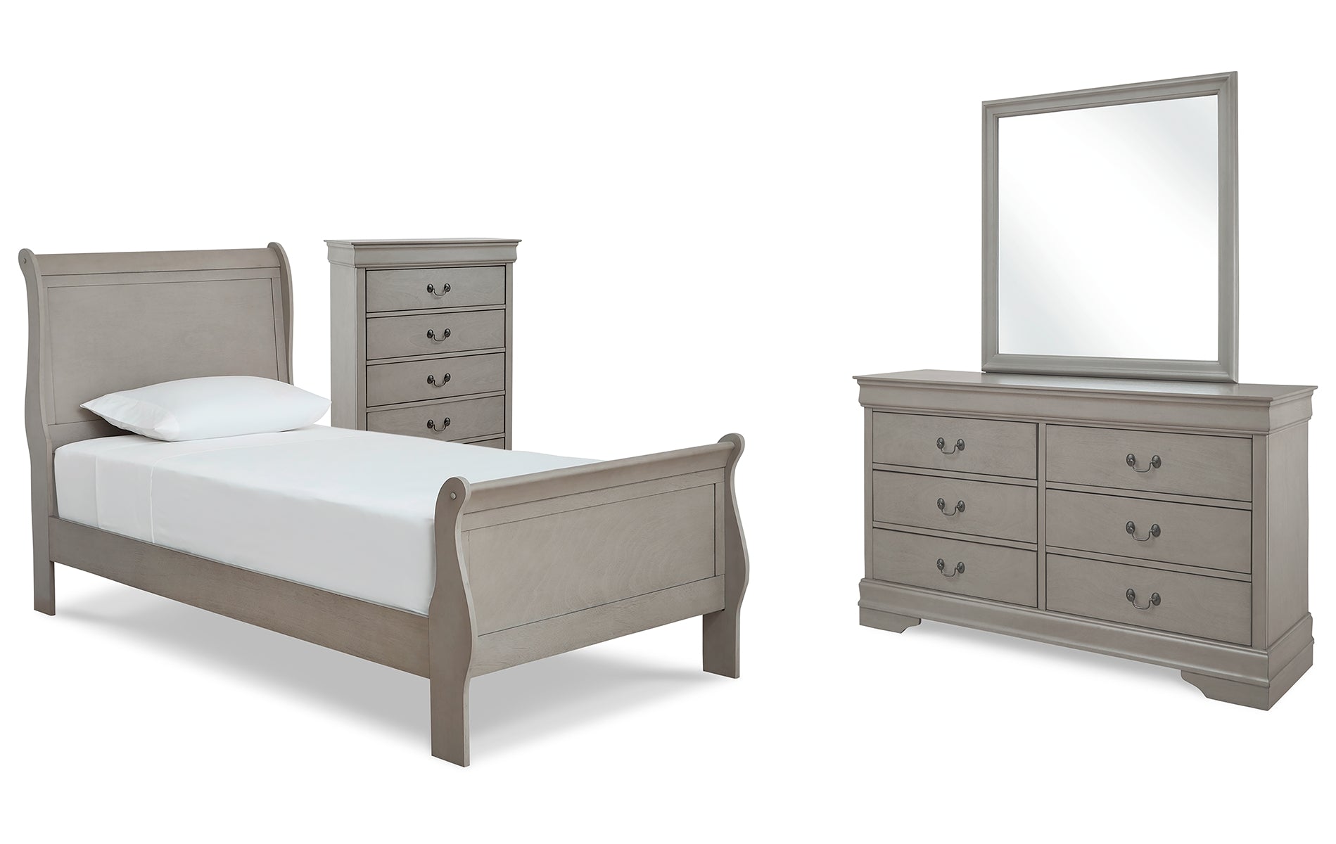 Kordasky Twin Sleigh Bed with Mirrored Dresser and Chest