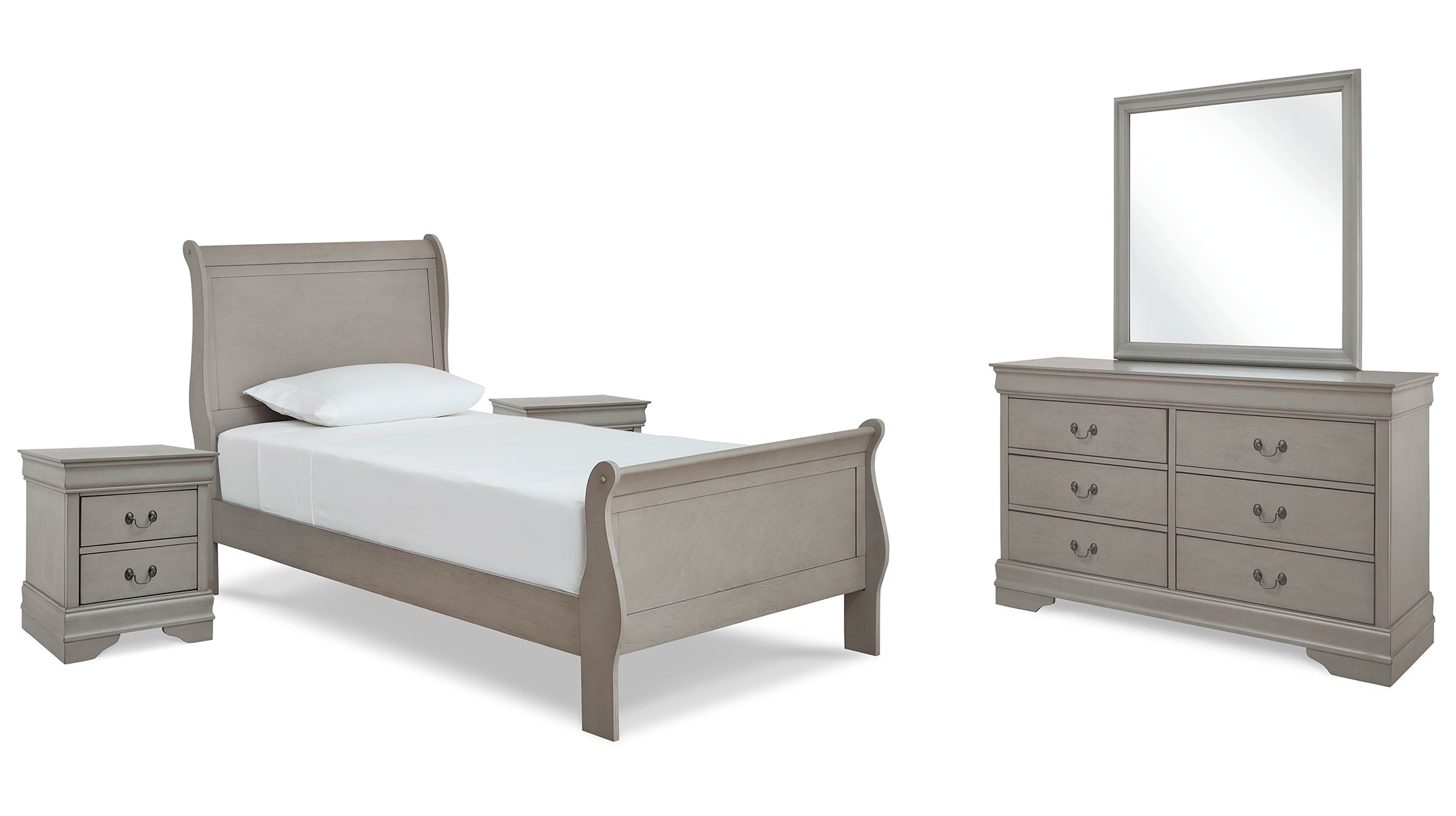 Kordasky Twin Sleigh Bed with Mirrored Dresser and 2 Nightstands