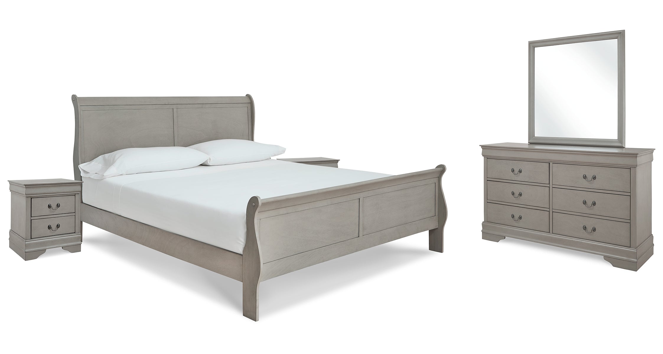Kordasky King Sleigh Bed with Mirrored Dresser and 2 Nightstands