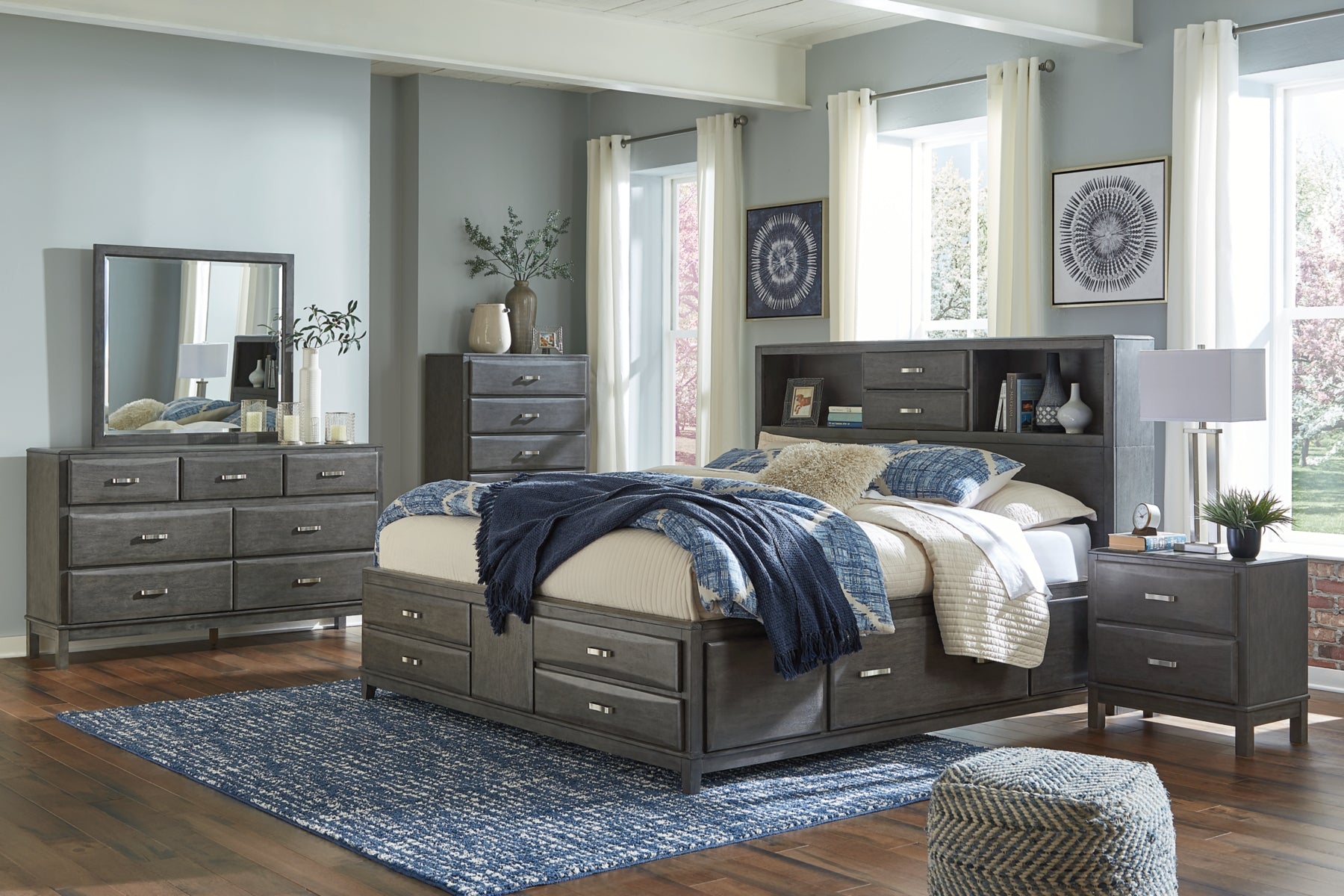 Caitbrook California King Storage Bed with 8 Storage Drawers with Mirrored Dresser, Chest and Nightstand