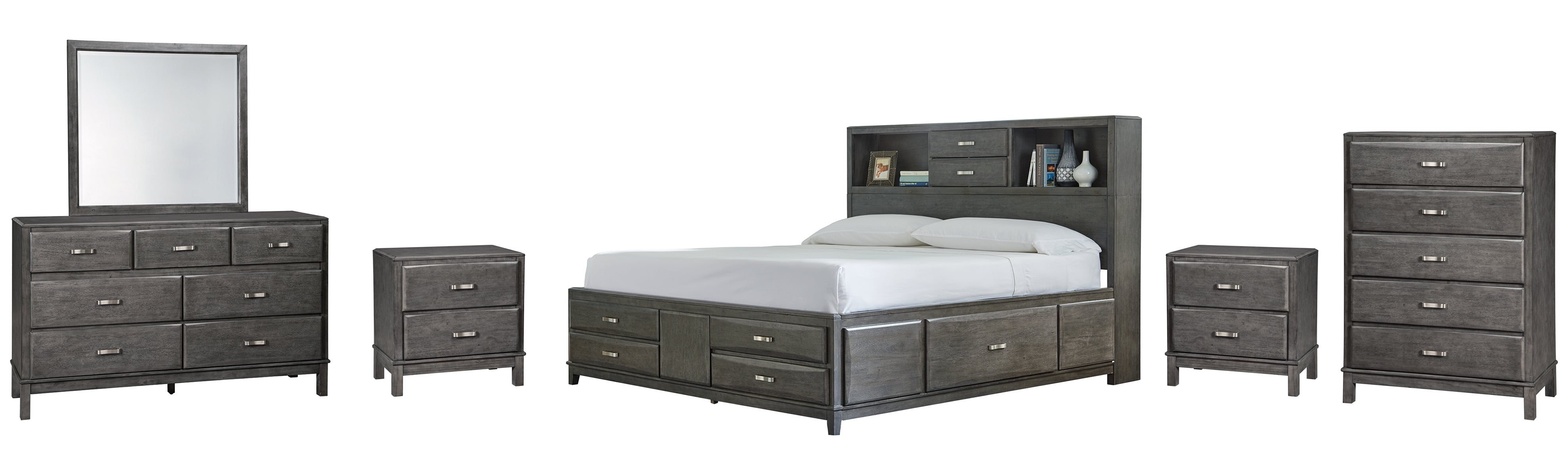 Caitbrook Queen Storage Bed with 8 Storage Drawers with Mirrored Dresser, Chest and 2 Nightstands