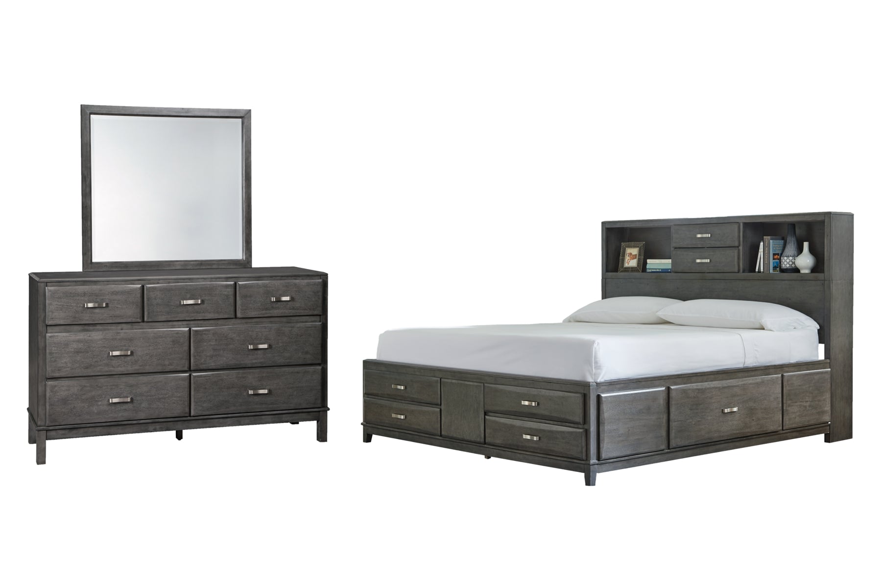 Caitbrook Queen Storage Bed with 8 Storage Drawers with Mirrored Dresser