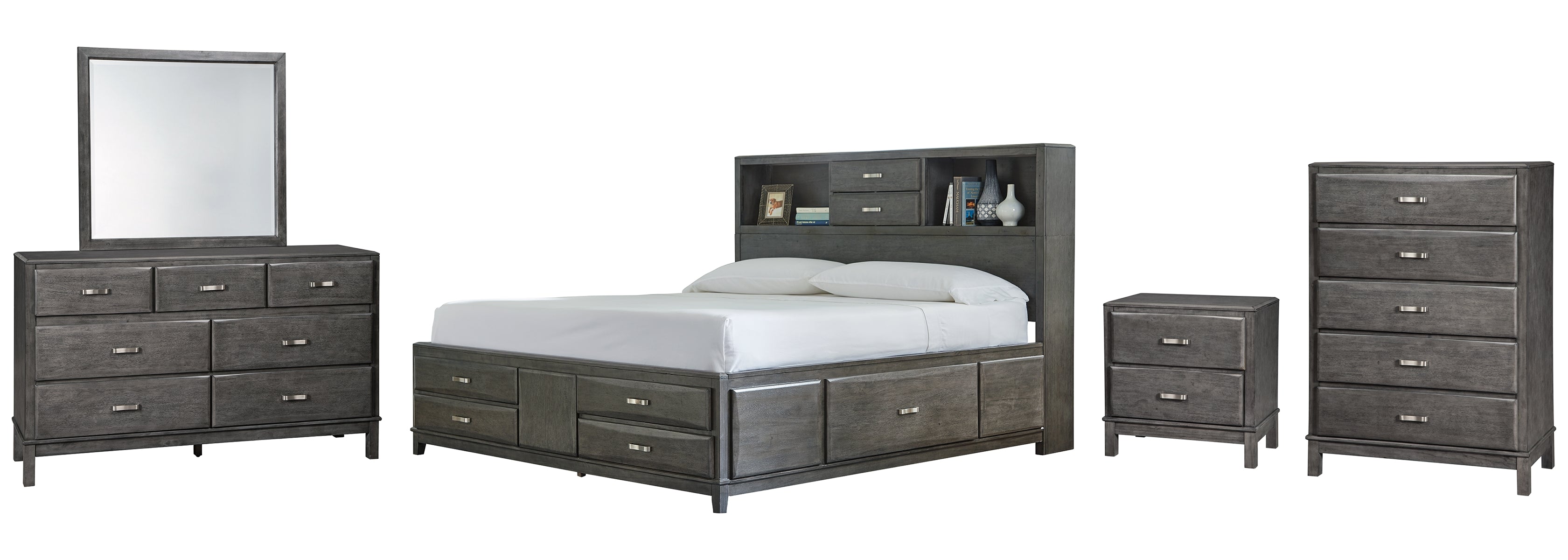 Caitbrook King Storage Bed with 8 Storage Drawers with Mirrored Dresser, Chest and Nightstand
