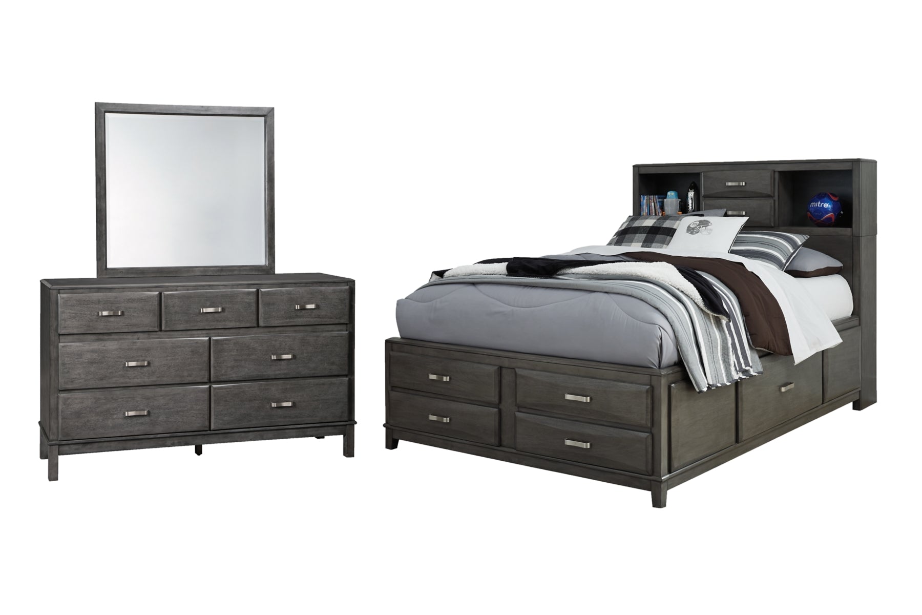Caitbrook Full Storage Bed with 7 Storage Drawers with Mirrored Dresser
