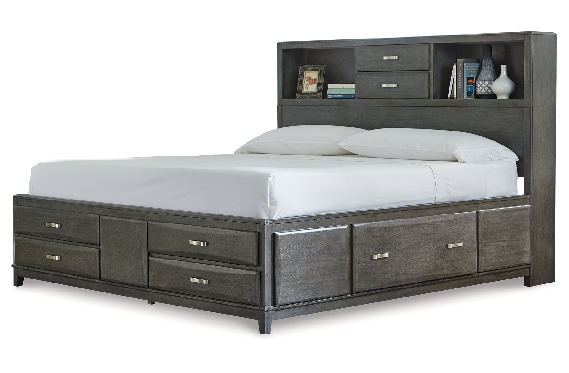 Caitbrook California King Storage Bed with 8 Storage Drawers with Mirrored Dresser, Chest and Nightstand
