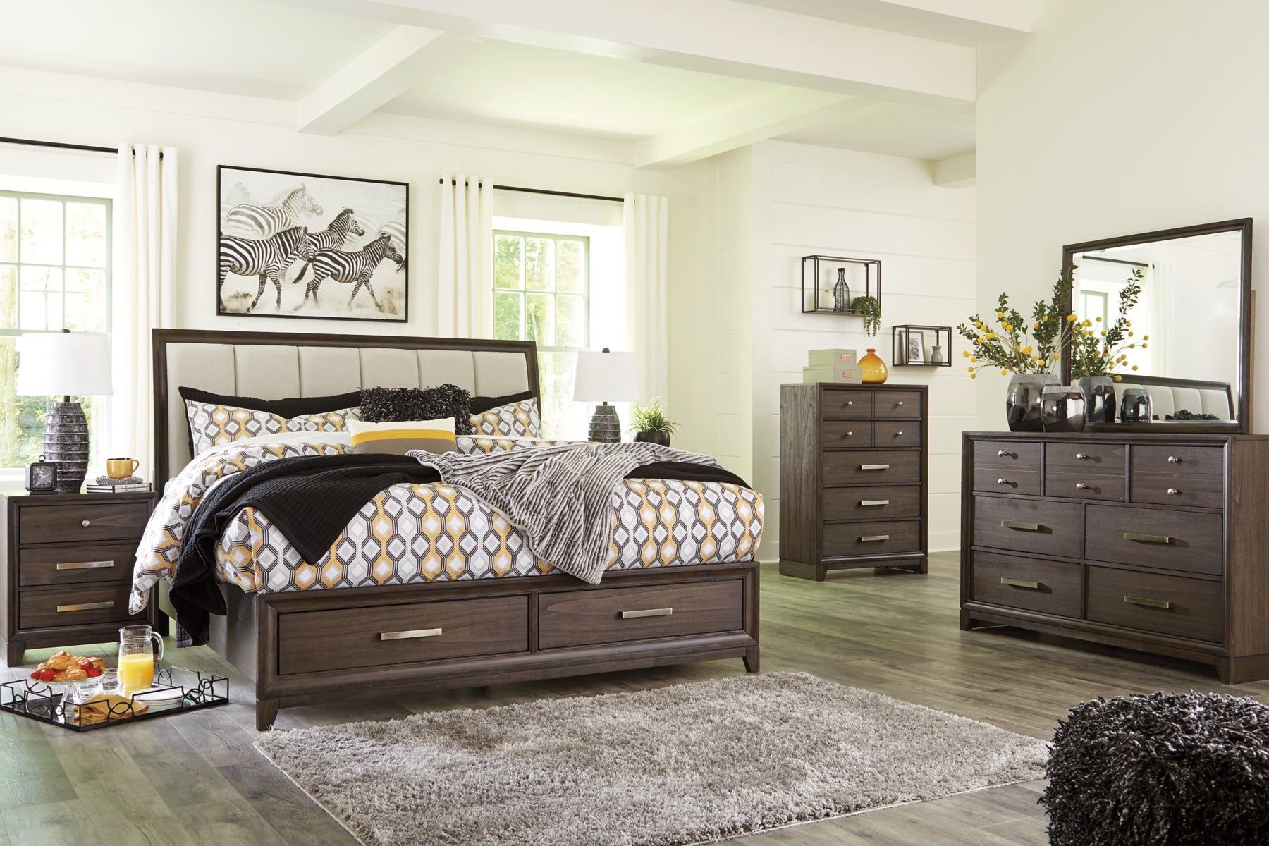 Brueban King Panel Bed with 2 Storage Drawers with Mirrored Dresser, Chest and Nightstand