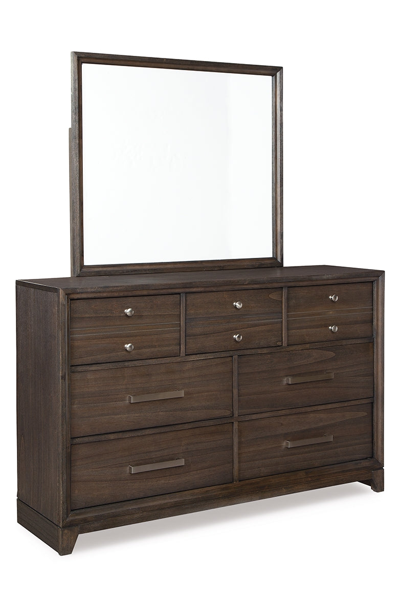Brueban Queen Panel Bed with 2 Storage Drawers with Mirrored Dresser