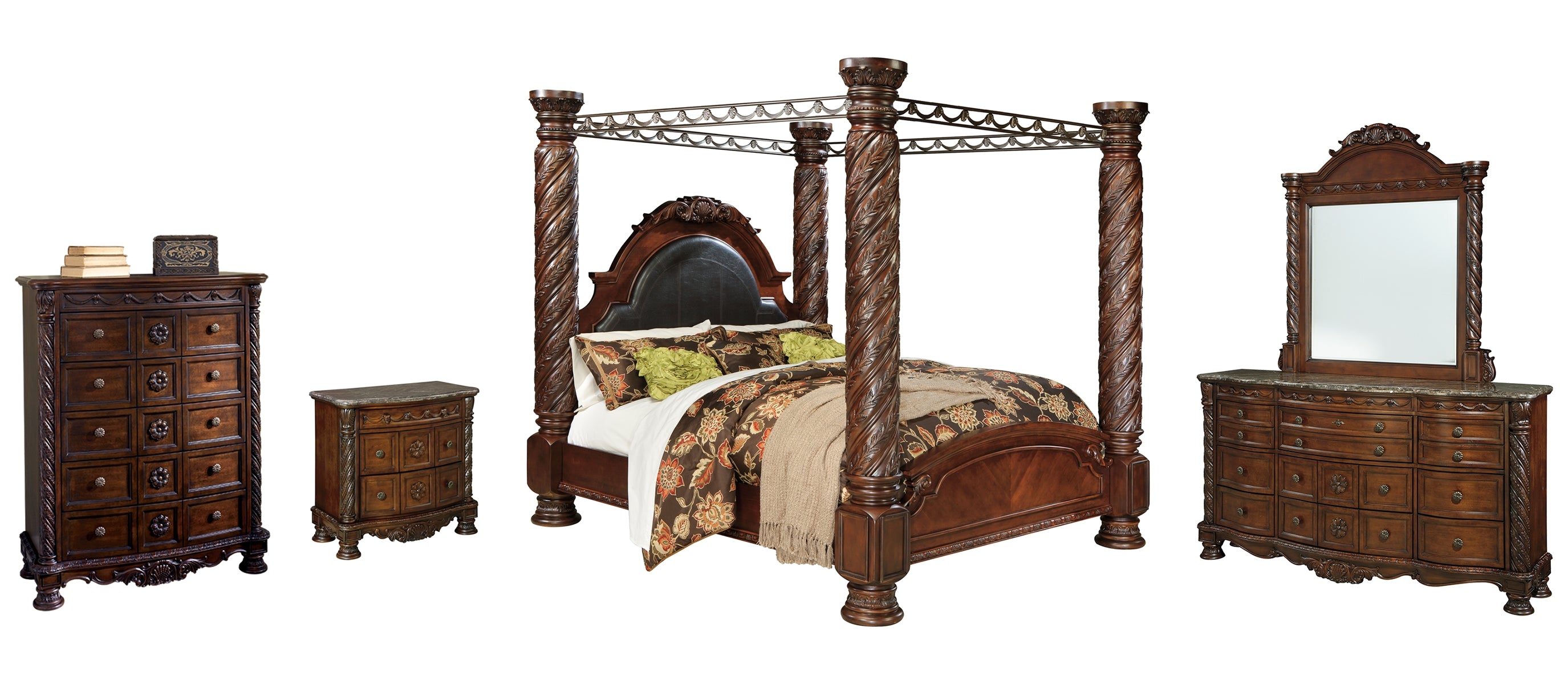 North Shore King Poster Bed with Canopy with Mirrored Dresser, Chest and Nightstand