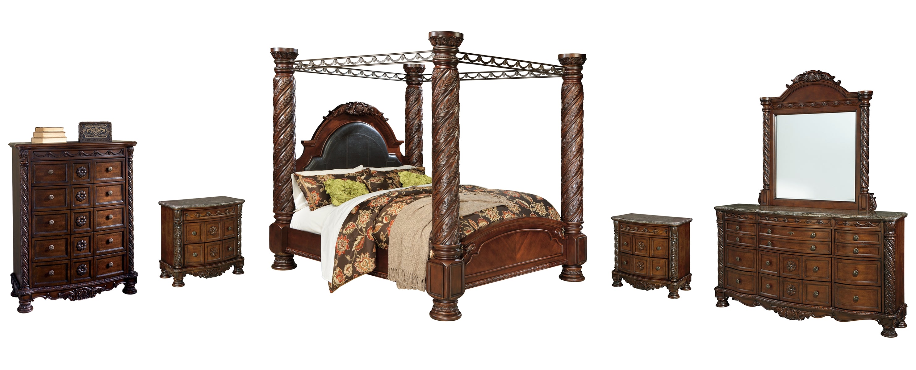 North Shore King Poster Bed with Canopy with Mirrored Dresser, Chest and 2 Nightstands